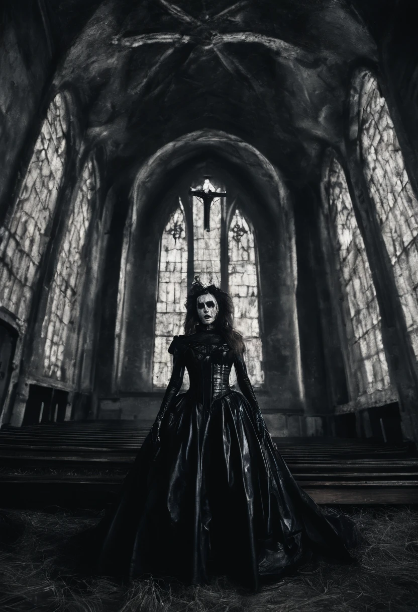 Woman dressed in latex posing for a photo in a dark abandoned church, fetish fashion, goth make-up, darksynth aesthetic, horror fashion, bizarre fashion, ultra detailed, masterpiece.