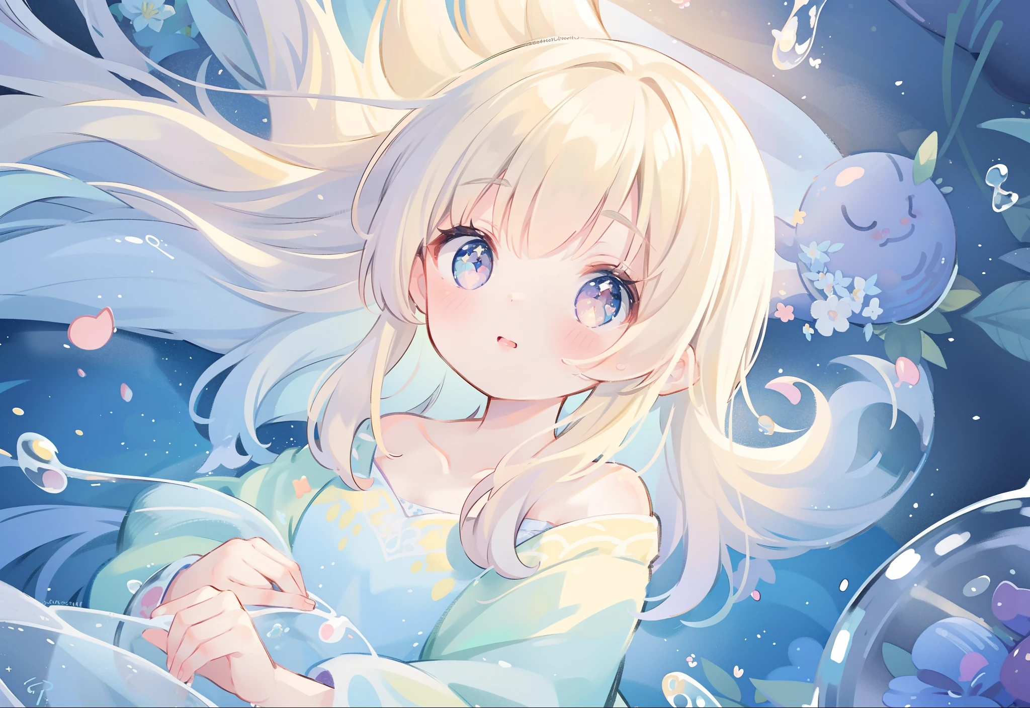 masterpiece, best quality, 8k resolution, sharp focus, intricate detail, beautiful girl, sparkling eyes, golden ratio face, otherworldly liquid, watercolor, pastel colors, bright colors, whimsical, colorful, sharp focus, high resolution, fine detail, liquid ballgown, ((round eyes))