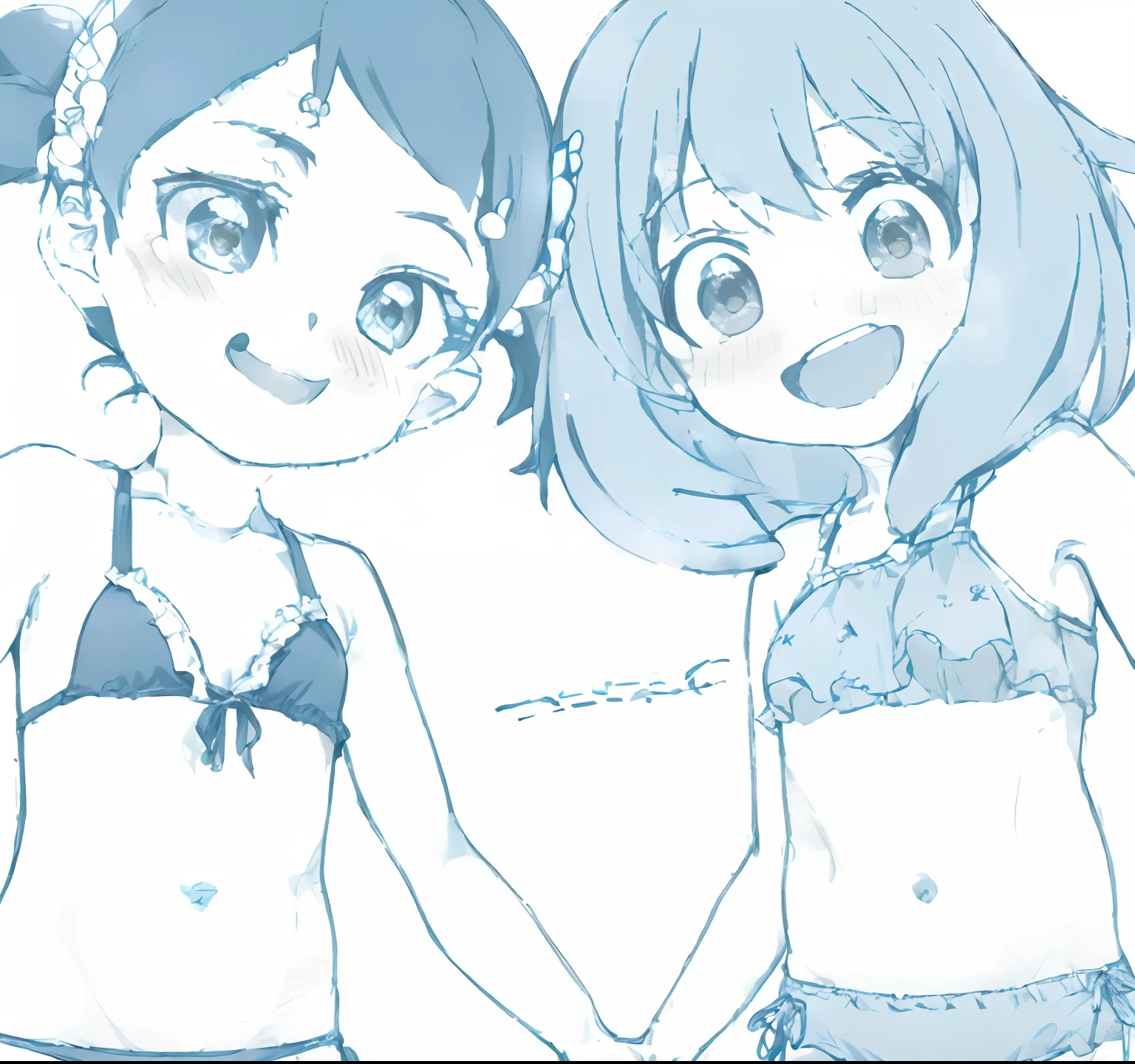 Anime drawing of two girls in swimsuits holding hands, nagatoro, author:Middle Bokuhn, eechi, blue period, cheerfulness!!!, Edgee style, Edgeie anime style, flat anime style shading, author:Love light, by Kamagurka, yuruyuri, Anime girls,