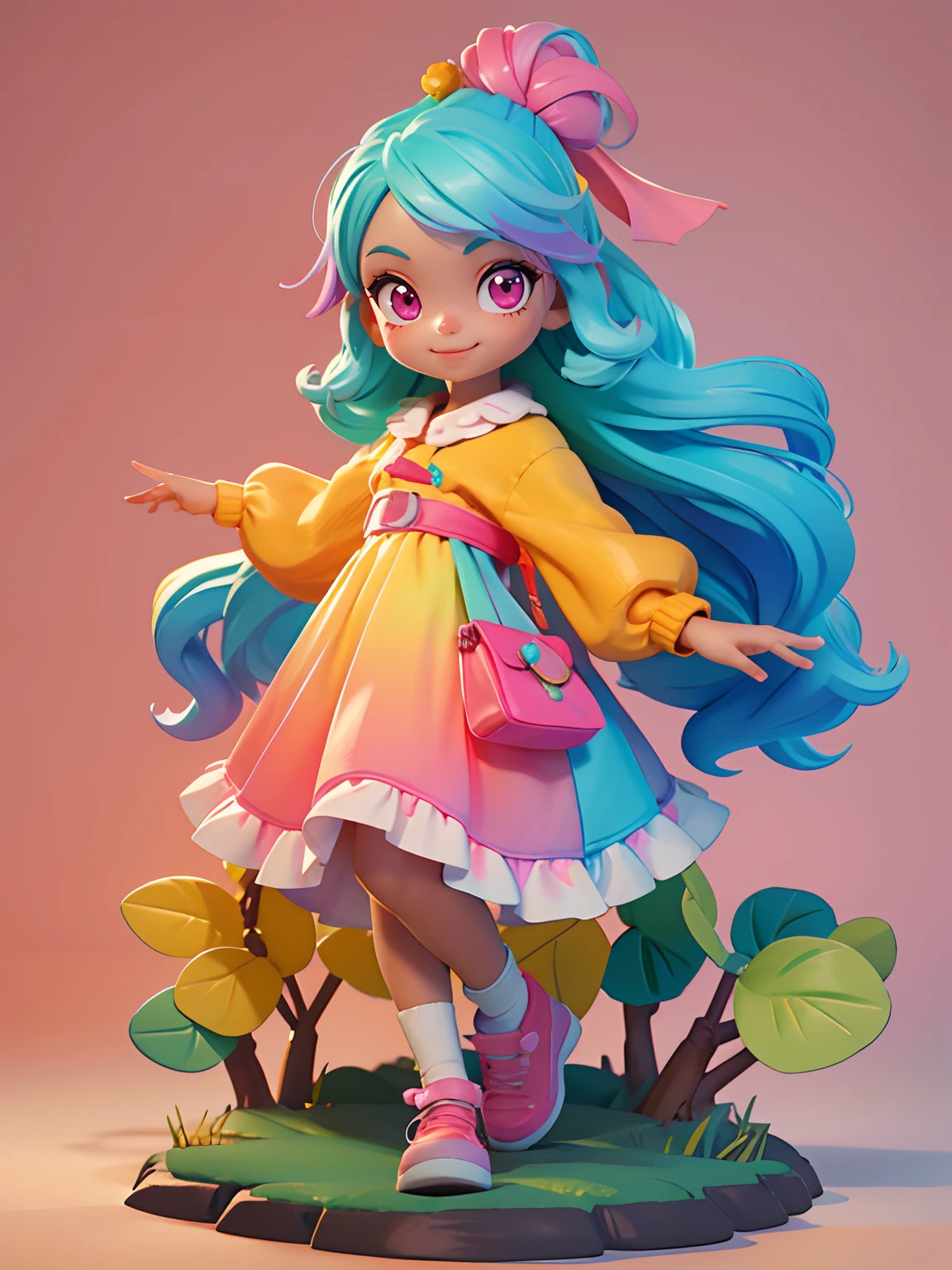 A girl, 3d toy, 3d rendering, pastel hair, rainbow hair, brown skin, smiling, cute, little child, pale-pink eyes, ( same eye proportion ), rainbow princess cloths, simple background, best quality, blender, Girl, CHILD BODY, GOOD HAIR STYLE, 3D MODEL, TOYS, VIVID COLORS, STREET STYLE, HIGH RESOLUTION, A LOT OF DETAILS, CANDY COLORS, BIG SHOES, FASHION TRENDS, ART, CUTE ART