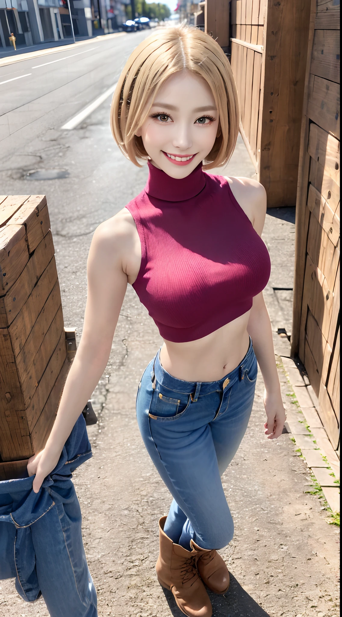 8K, 超A high resolution, Best Quality, masutepiece、超A high resolution、top-quality、 (quite massive chest、Pretty big breasts、Stand with legs quite large and open to the side、Bend your knees quite large to the side、Expose navel:1.3)(Red Sleeveless Turtleneck、Blue denim、Beautiful Japan Woman、(Blonde Short Bob)Super cute、Cute smile:1.25)(in a street)Combat boots