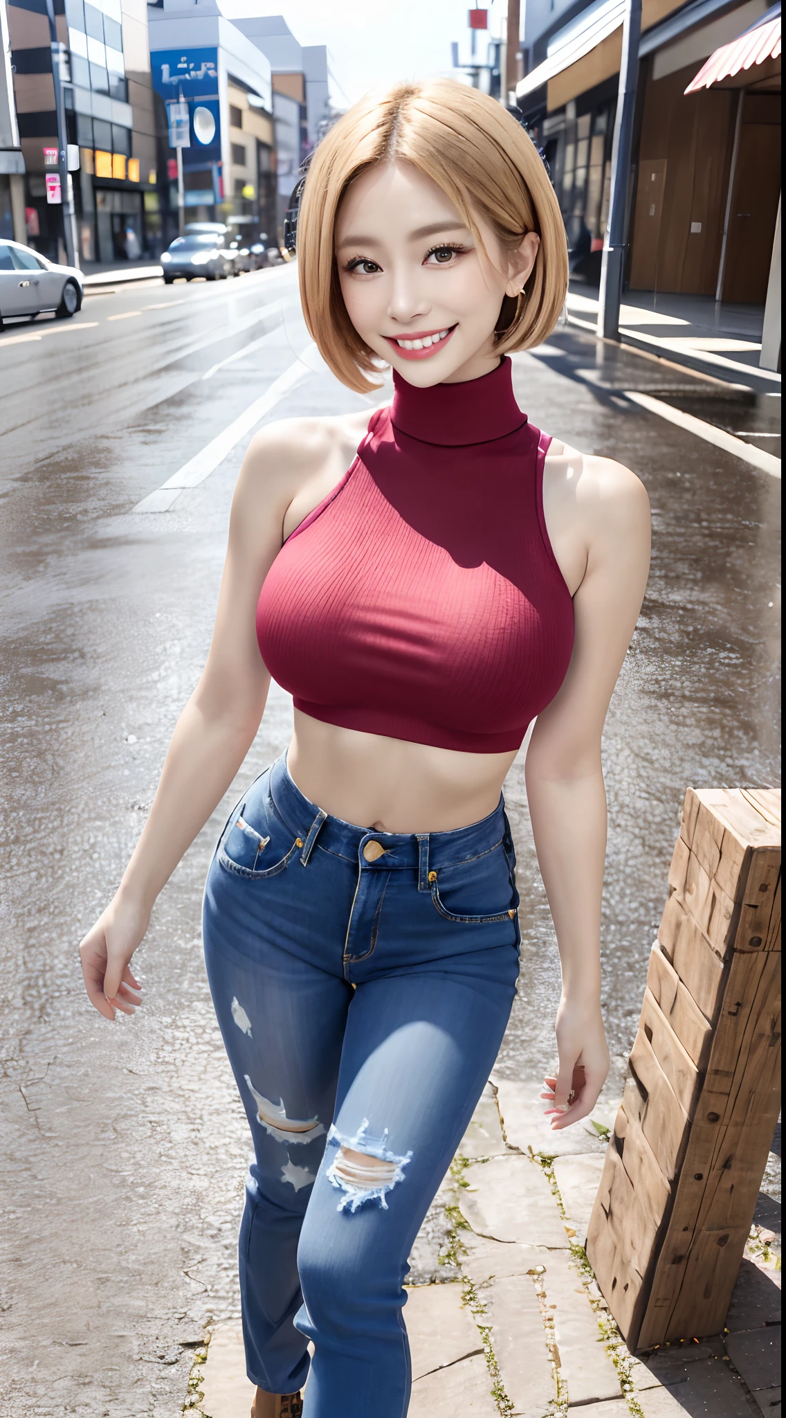 8K, 超A high resolution, Best Quality, masutepiece、超A high resolution、top-quality、 (quite massive chest、Pretty big breasts、Stand with legs quite large and open to the side、Bend your knees quite large to the side、Expose navel:1.3)(Red Sleeveless Turtleneck、Blue denim、Beautiful Japan Woman、(Blonde Short Bob)Super cute、Cute smile:1.25)(in a street)Combat boots