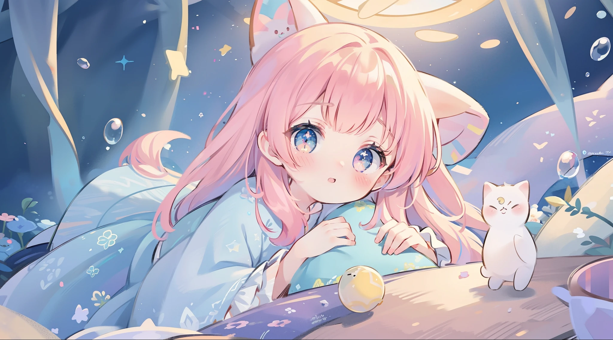 Furry, furry kemono, female baby fox furry, cute, 4 big and fluffy ear, chubby, 9 tailed fox, pink and coloured hair, fluffy gold and pink coloured tail, a kimono with galaxy pattern, sitting on fluffy cloud, luxury, a luxurious tiara, a night sky background, blushing a little, a constellations in the sky, stardust trailing, a glowing star-shaped birthmark on cheek, holding a glowing star, (((masterpiece))), (((best quality: 1,4)))