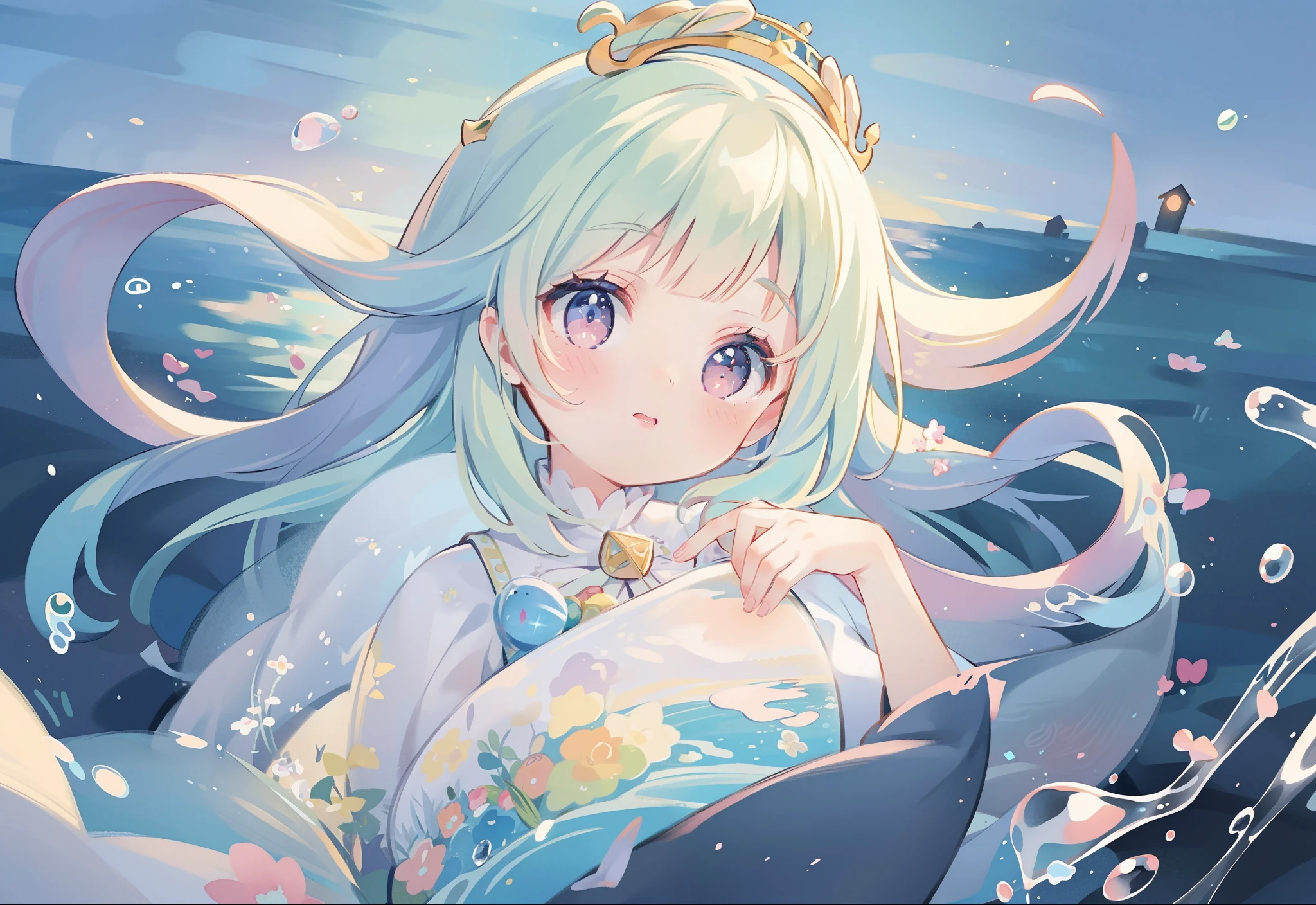 masterpiece, best quality, 8k resolution, sharp focus, intricate detail, beautiful girl, sparkling eyes, golden ratio face, otherworldly liquid, watercolor, pastel colors, bright colors, whimsical, colorful, sharp focus, high resolution, fine detail, liquid ballgown, ((round eyes))
