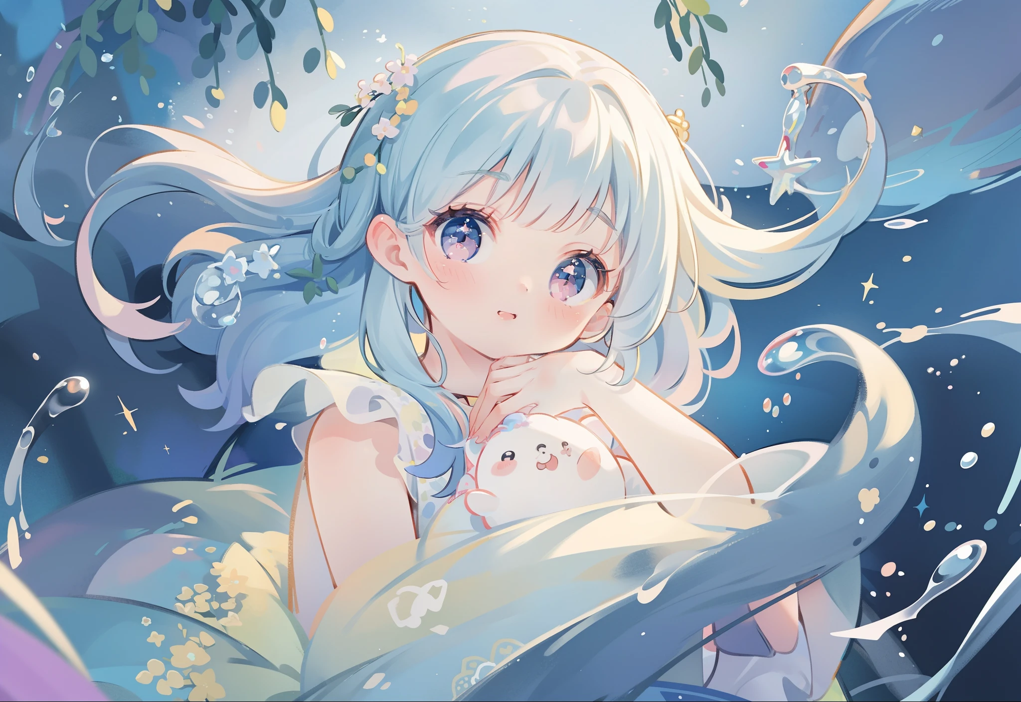 masterpiece, best quality, 8k resolution, sharp focus, intricate detail, beautiful girl, sparkling eyes, golden ratio face, otherworldly liquid, watercolor, pastel colors, bright colors, whimsical, colorful, sharp focus, high resolution, fine detail, liquid ballgown, ((round eyes))