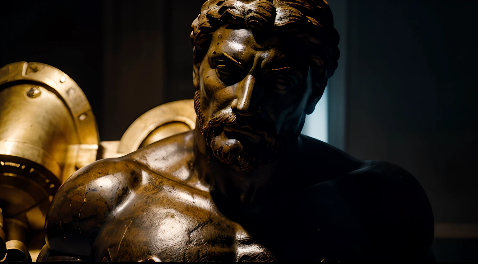 Greek statue, stoicism, statue of a strong man, with arms crossed, head slightly lowered, penetrating gaze at the camera. abstract, chaotic, dark background. Intense colors, high contrast.