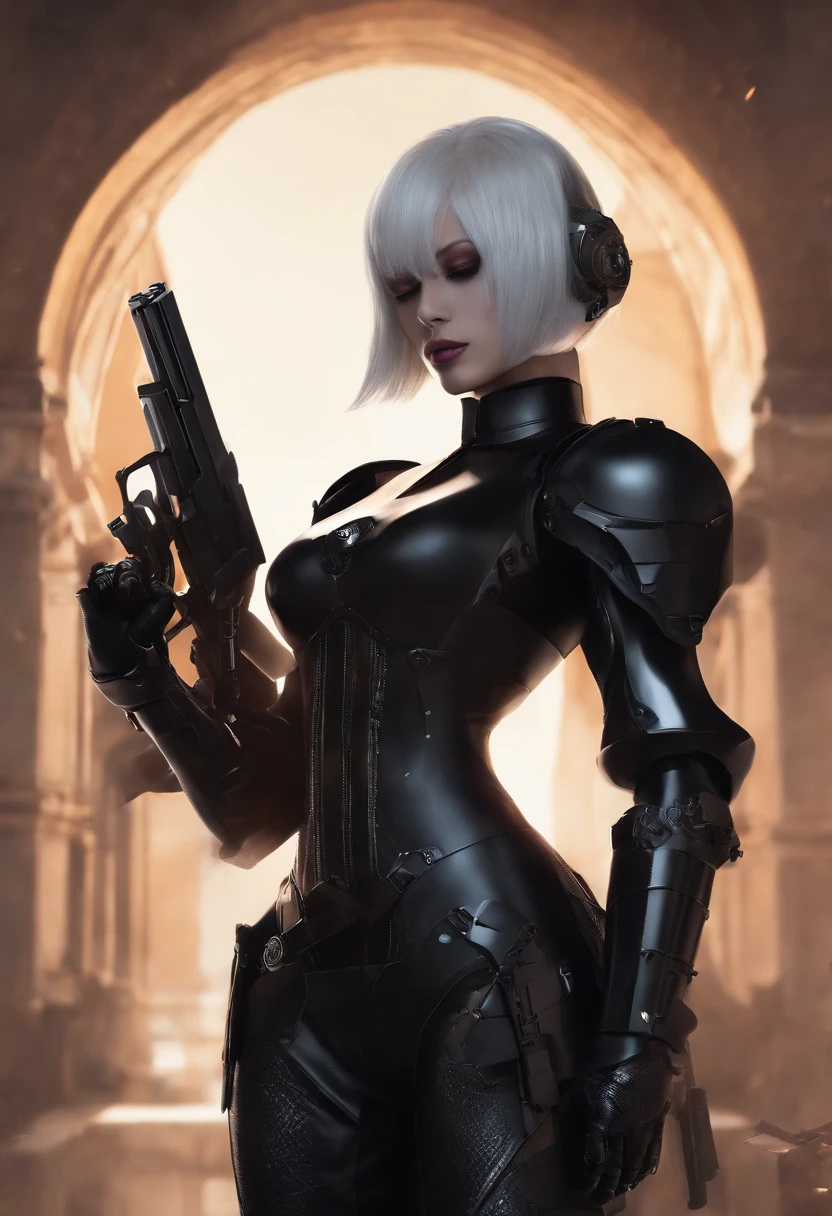 Personagem 2B, A female droid in a black outfit and complex armor, With a pistol drawn in his hand, em uma pose confiante e poderosa