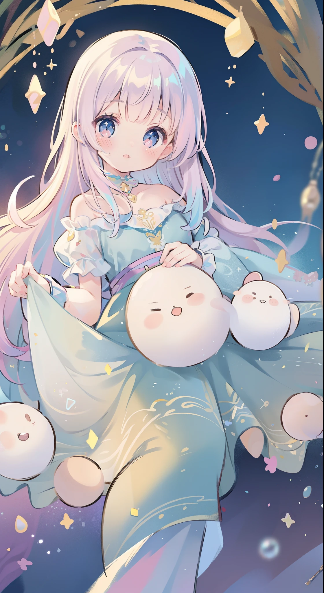 masterpiece, best quality, 8k resolution, sharp focus, intricate detail, beautiful girl, sparkling eyes, golden ratio face, otherworldly liquid, watercolor, pastel colors, bright colors, whimsical, colorful, sharp focus, high resolution, fine detail, princess layered ballgown, ((round eyes)), iridescent bubbles, magical