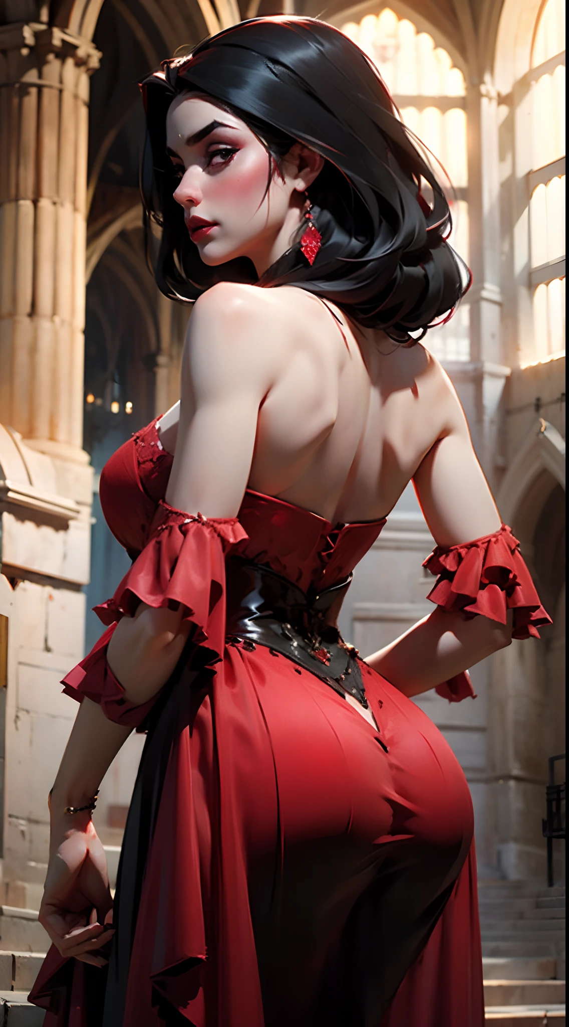 1girl from Spain, flamenco dress, red dressed flamenco stylish, flamenco dancer, black long hair, extremely pale skin, red lips, makeup, flamenco dancer studio, flamenco guitarist to back to the girl, social profile picture, stupid bitch face, slluty ager
