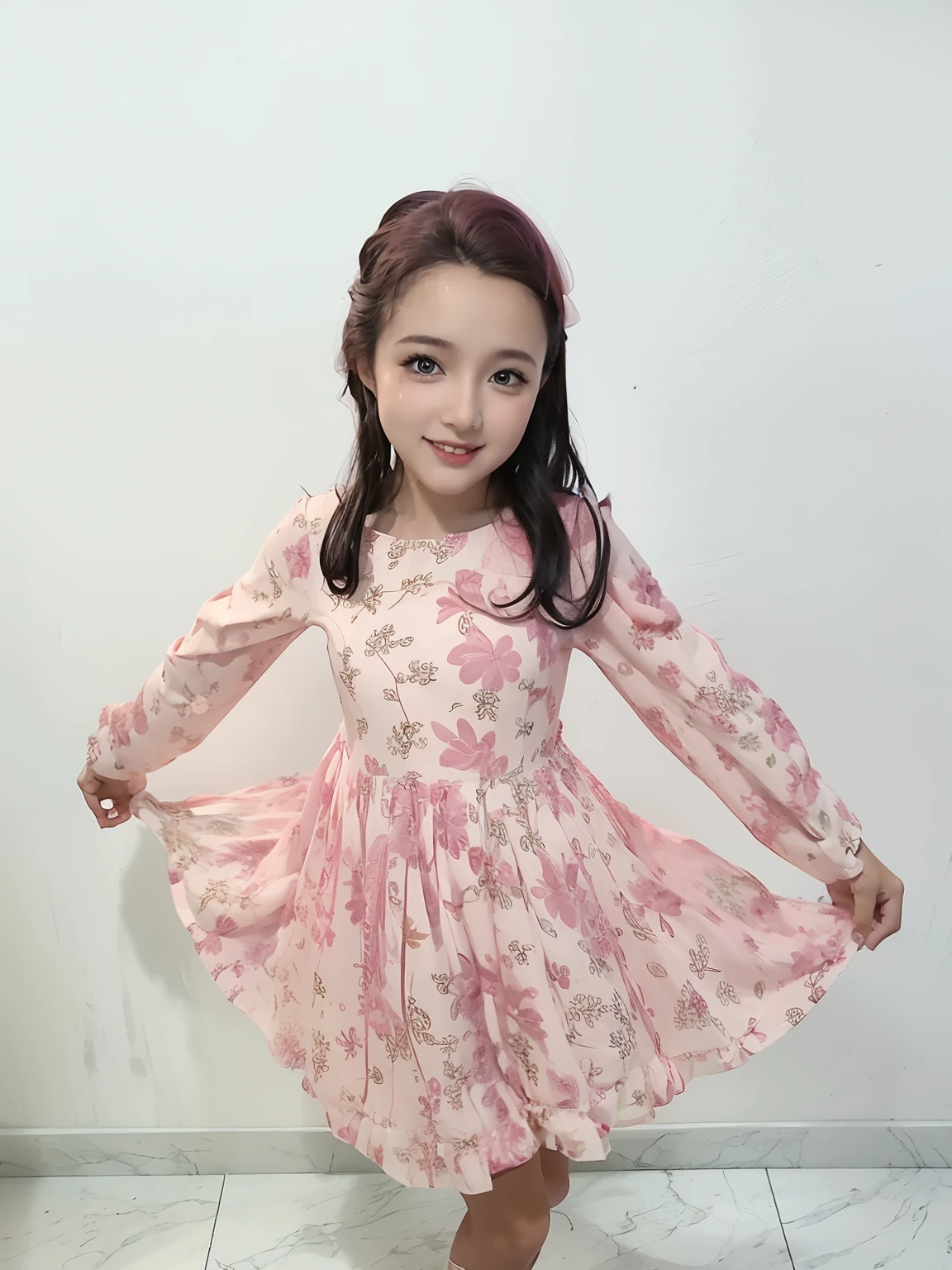 arafed girl in a pink dress standing on a tile floor, girl in a dress, wearing pink floral gown, full covered dress, frock, wearing dress, dressed in a pink dress, beutifull, wearing a wonderful dress, of an beautiful angel girl, very beautiful girl, detailed picture, twirling, wearing a dress, wearing a pink dress