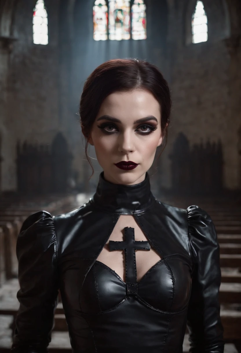 Woman dressed in latex posing for a photo in a dark abandoned church, fetish fashion, goth make-up, darksynth aesthetic, horror fashion, bizarre fashion, ultra detailed, masterpiece.
