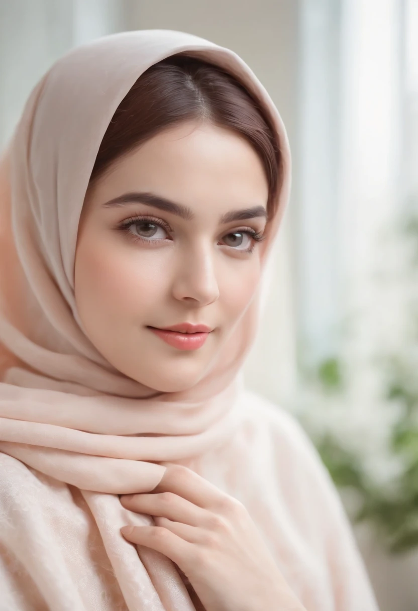 best quality,ultra-detailed,realistic,portrait style,hijab,adorable,beautiful detailed eyes,gently smiling,soft hijab fabric,peaceful expression,lovely cat,fluffy fur,curious eyes,playful pose,delicate paws,bright pastel colors,gentle lighting,peaceful atmosphere