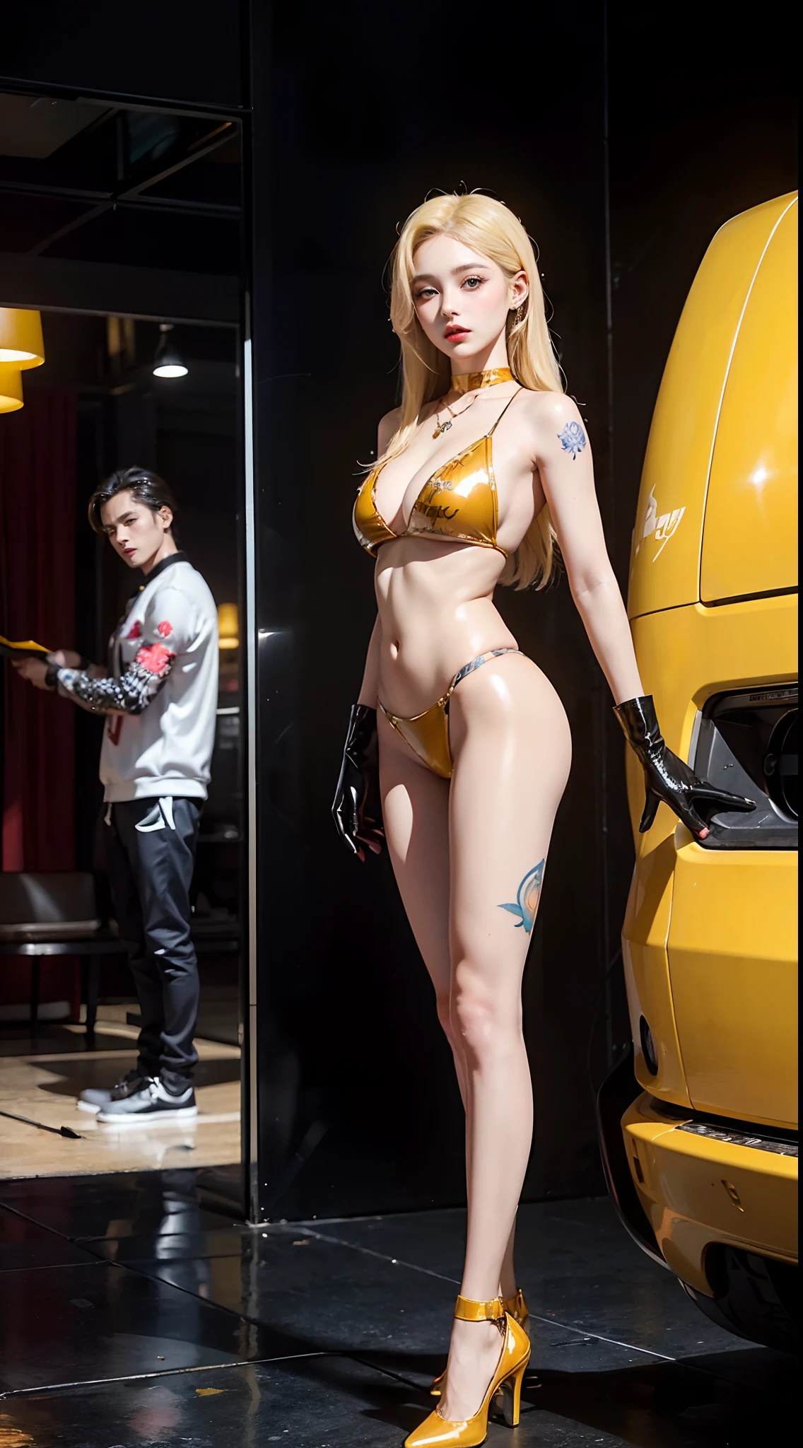 ((masterpiece:1.4)、(top-quality:1.4)、(reallistic:1.7))、masuter piece:1.4、Beautiful Girl Dirty Pair、(Beautiful Girl Space Investigator Dirty Pair:1.4)、Yuri and Kay's duo investigators、Yuri and Kei's duo investigators stand side by side、Body Fit Sexy Investigator Duo Uniform、(Glossy luxury latex:1.4)、(White Sleeveless Uniform Jacket)、(Underwear Red Sexy Super Ultra Bikini)、(Luxury Red Latex:1.4)、age19、(Cute tattoos:1.4)、(Wearing white gloves)、Kawaii Girl、Super beauty、foco nítido、Portrait photos、(Perfect female body:1.4)、Sexy couple、Upper body photography:1.4、beautiful countenance、beautidful eyes、Narrow waist、beauty legs、(Yellow-haired Kei and blue-haired lily:1.4)、(length hair:1.2)、Beautiful udder、large full breasts:1.2、Sexy ass、Raw photo、red-lips、Red high heels:1.4、a choker:1.4、a necklace:1.4、耳Nipple Ring:1.4、1 screen display、cyberpunkcity:1.2