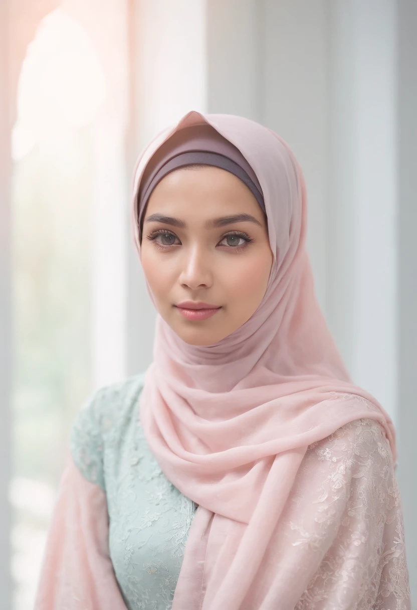 cat, fullbody,1 malay girl in hijab, (pastel color:1.5),white background,
