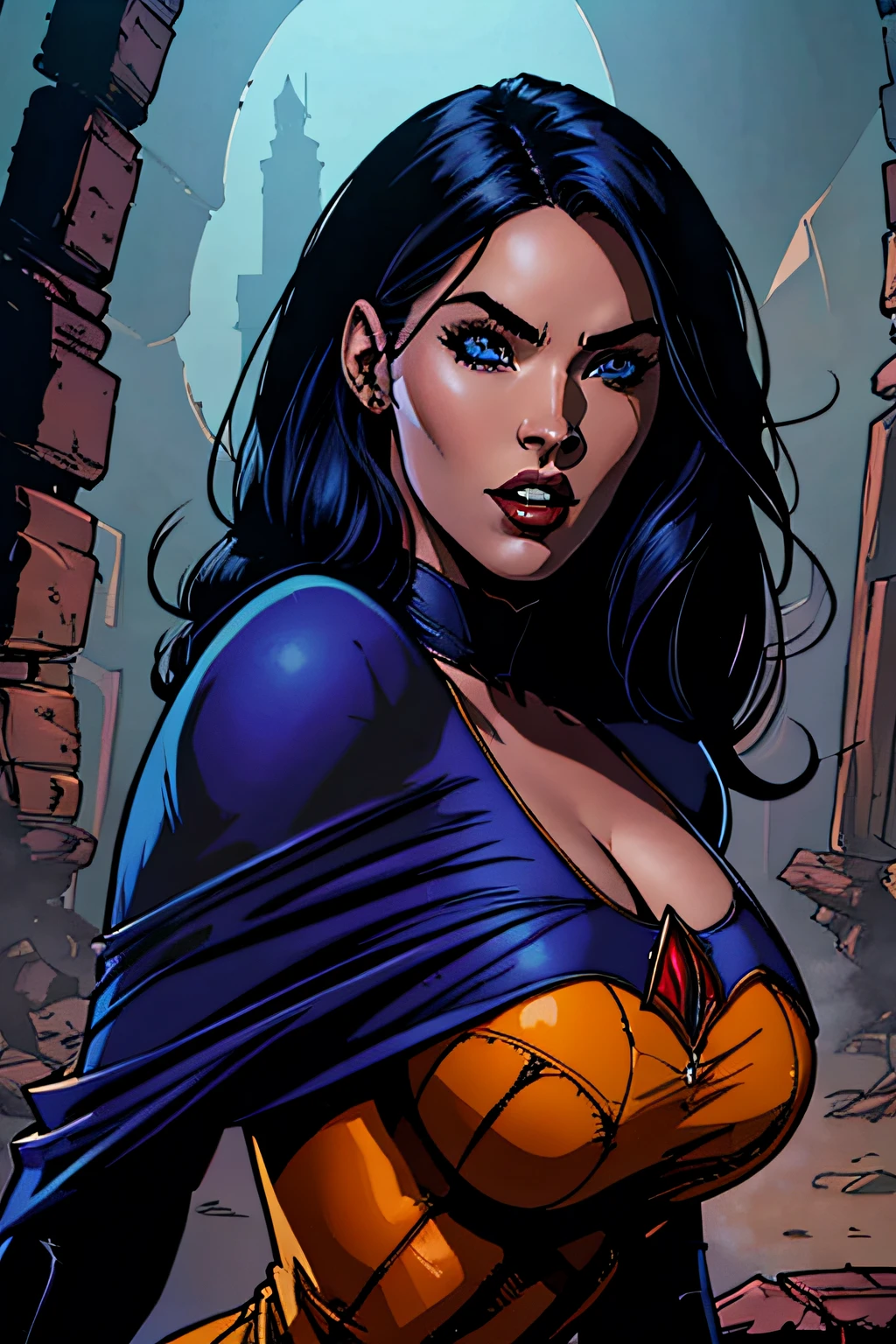 La mejor calidad, 4k, 8k, a high definition, retrato (primer plano), Megan Fox como vampiro, sonriendo mostrando colmillos, cabello lacio, Vestido de vino tinto con escote abierto mangas largas, character design