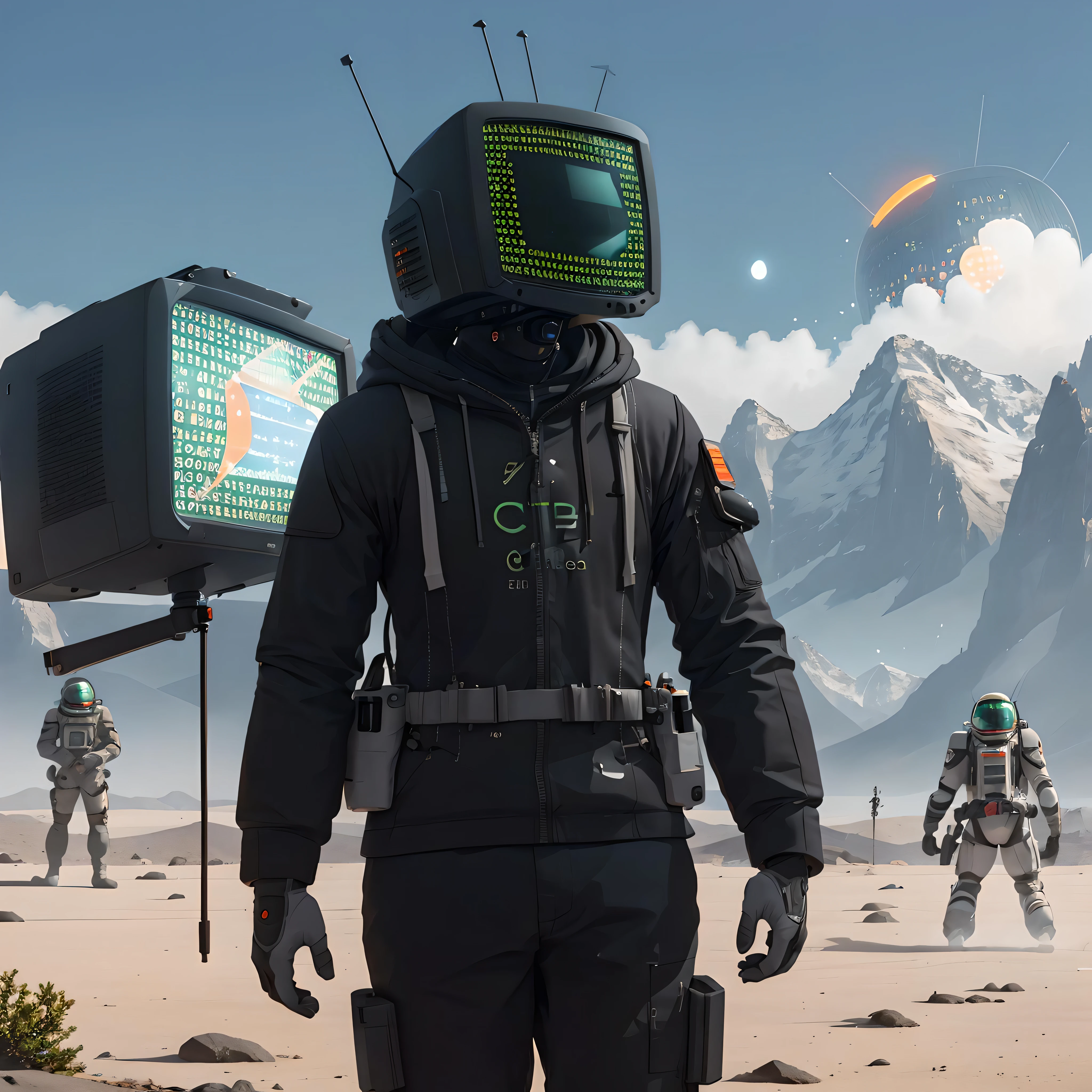 (codebullet:1.2), 1girl, codebullet hoodie, front view, hood, (crt tv:1.3), rear angle, Highly detailed RAW color Photo, Rear Angle, Full Body, of (male space soldier, wearing orange and white space suit, helmet, tined face shield, rebreather, accentuated booty), outdoors, (looking up at advanced alien structure, on alien planet), toned body, (sci-fi), (mountains:1.1), (lush green vegetation), (two moons in sky:0.8), (highly detailed, hyperdetailed, intricate), (DAY TIME:1.2), (lens flare:0.7), (bloom:0.7), particle effects, raytracing, cinematic lighting, shallow depth of field, photographed on a Sony a9 II, 50mm wide angle lens, sharp focus, cinematic film still from Gravity 2013, photorealistic, extremely detailed 8k wallpaper