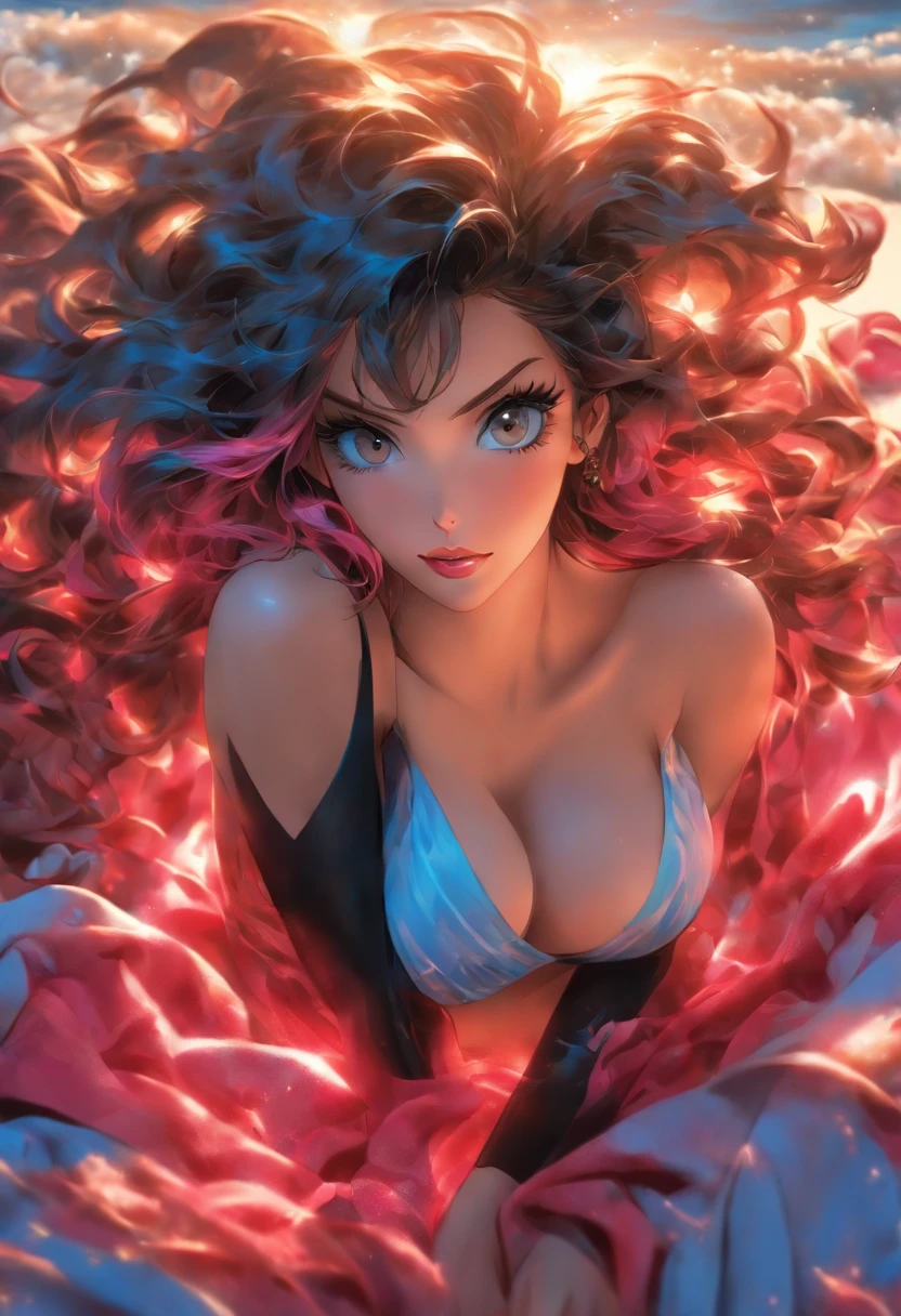 realistic female, pretty woman with long black and pink wavy hair, deep eyes, high nose, y lips with red lipstick, very huge natural breigh heels, beach, on a blue blanket, no wearing bra, no wearing shirt, no wearing anything , 8K,