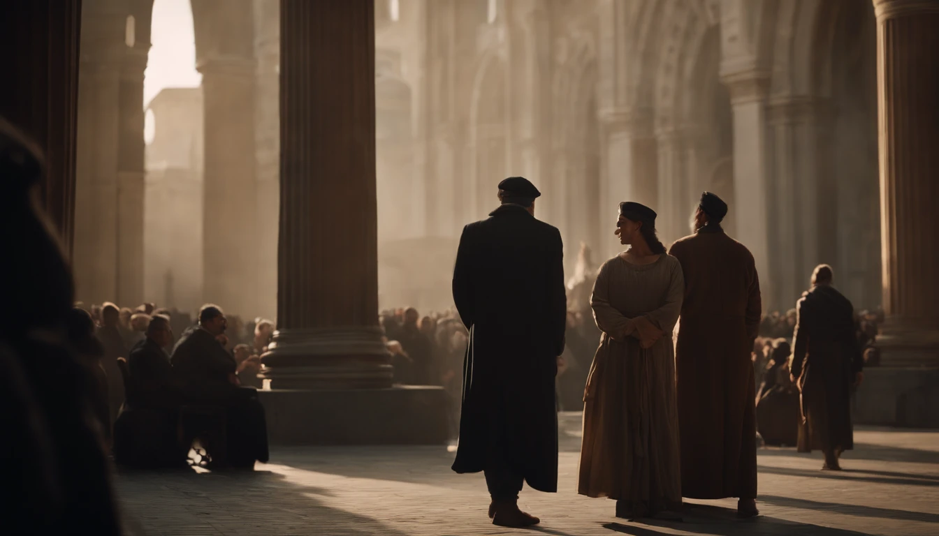 prophets speaking to people in a big city, The Prophet's Cry, Meetings with a large number of people, Historical reference, High quality art and details, Realistic portrait style, Subtle color palette, vibrant background, natural textures, deep shadows , subtle highlights, historical accuracy, meticulous attention to detail, emotional depth and intensity, authentic representation, thought-provoking, spiritual atmosphere, a sense of ancient wisdom, profound impact