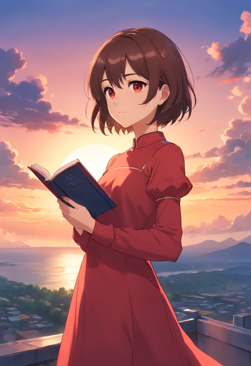 Short hair brown hair girl. Red eyes, holding a book with a sunset cloud background, in a red dress