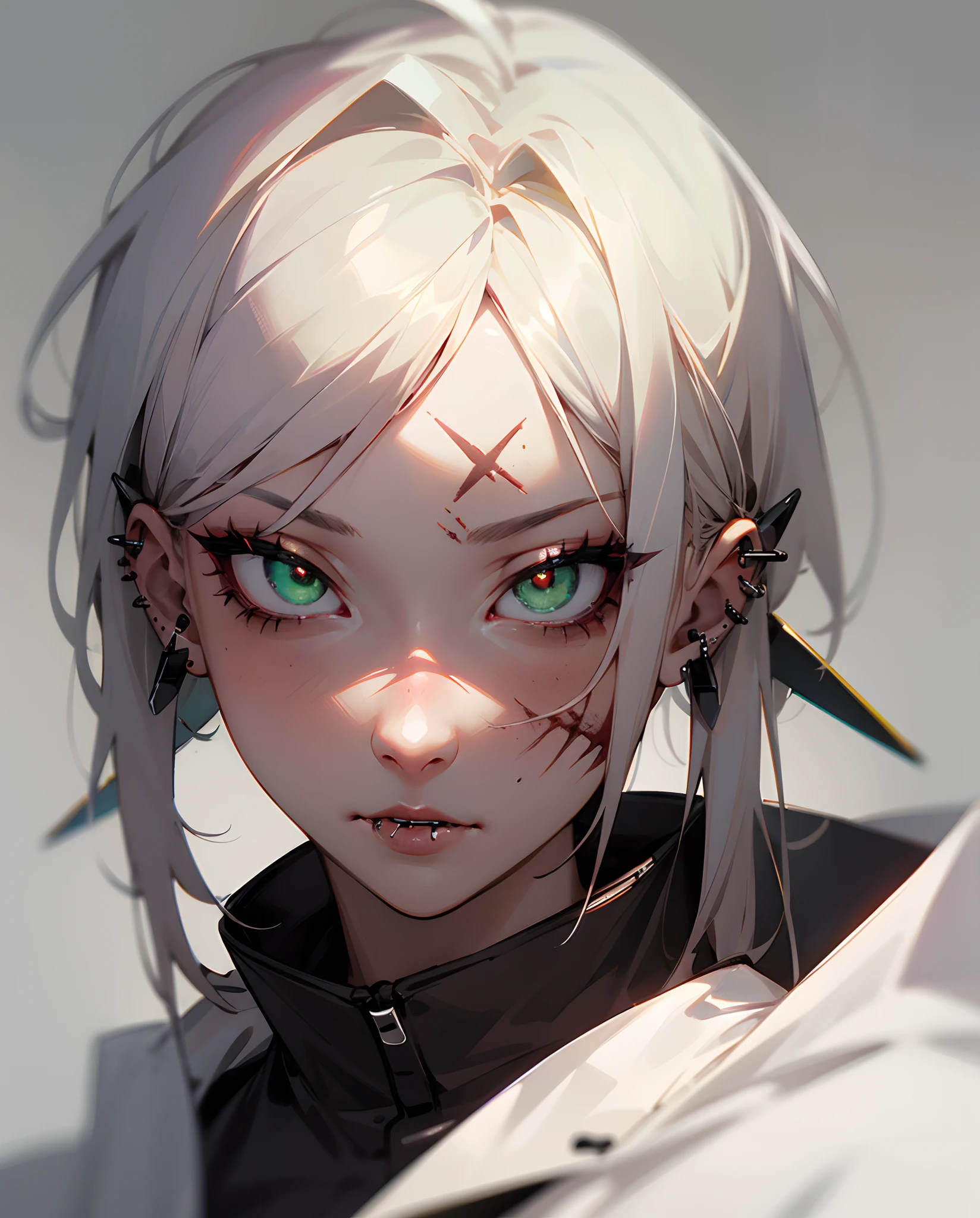 Hot German girl with angle bite piercing on lip, light scar on left eye, green eyes