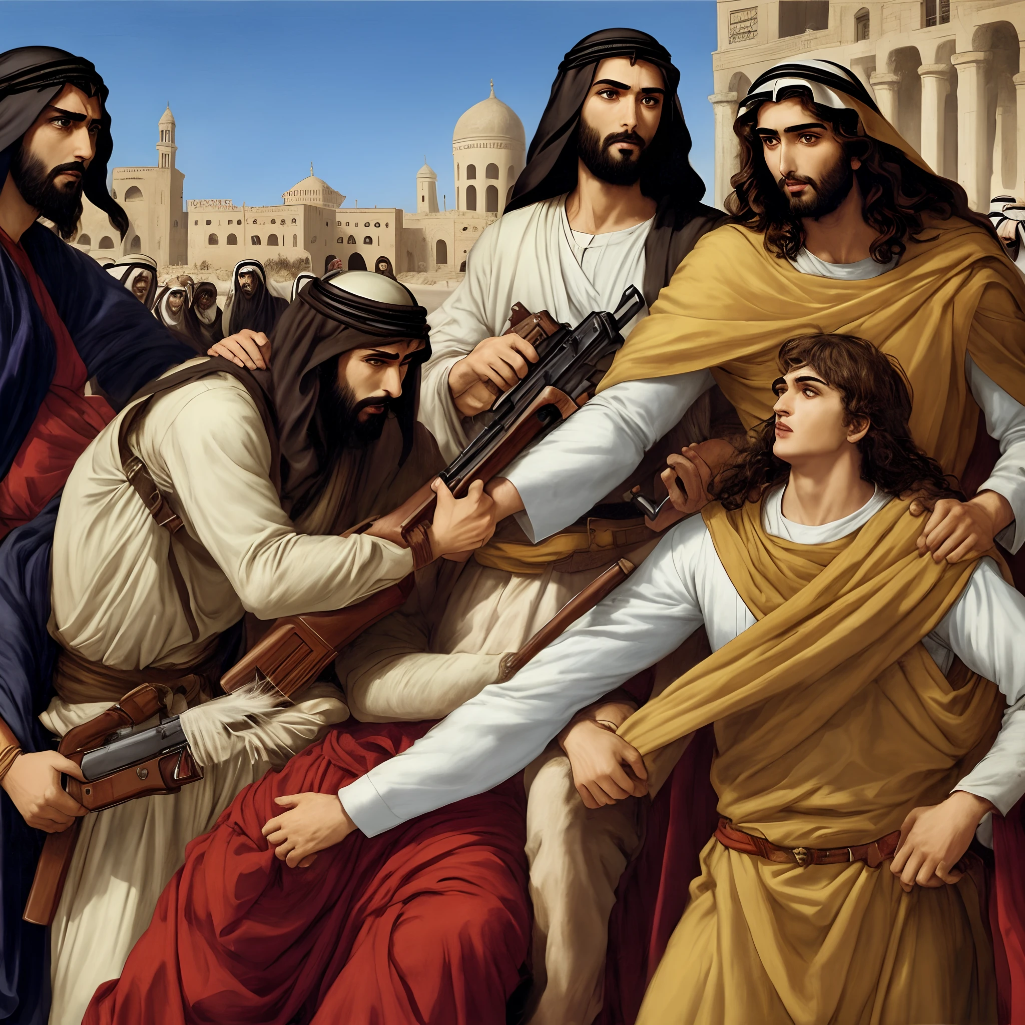 Arab Jesus killing Mohammed with a pistol