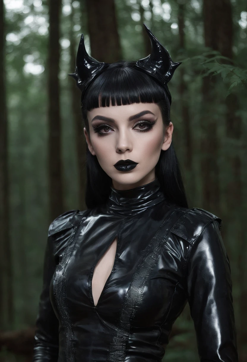 Woman dressed in latex posing for a photo in a dark forest, fetish fashion, goth make-up, darksynth aesthetic, horror fashion, bizarre fashion, ultra detailed, masterpiece.