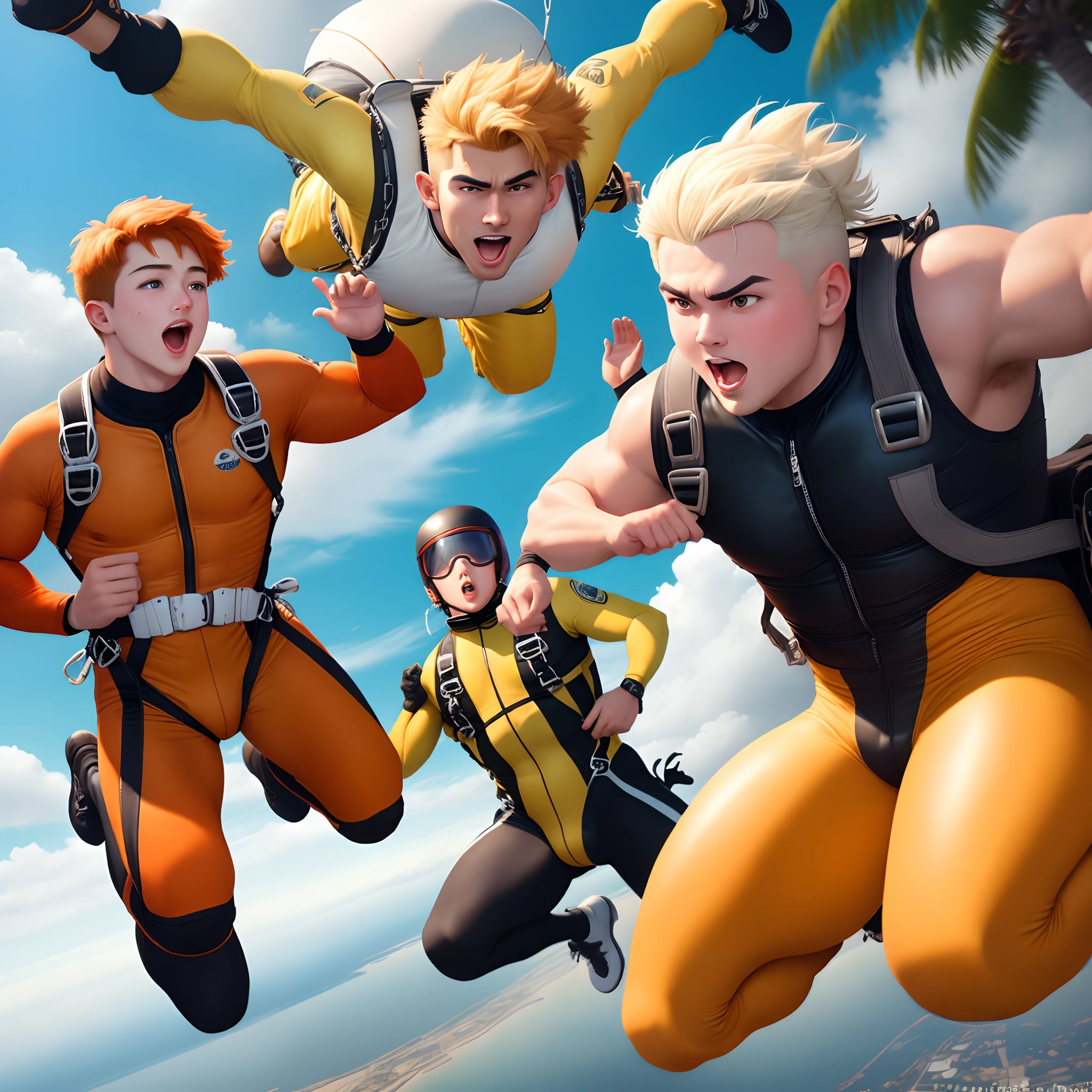 Creamy coconut boy, atomic orange boy, and beefy banana boy preparing to skydive into battle