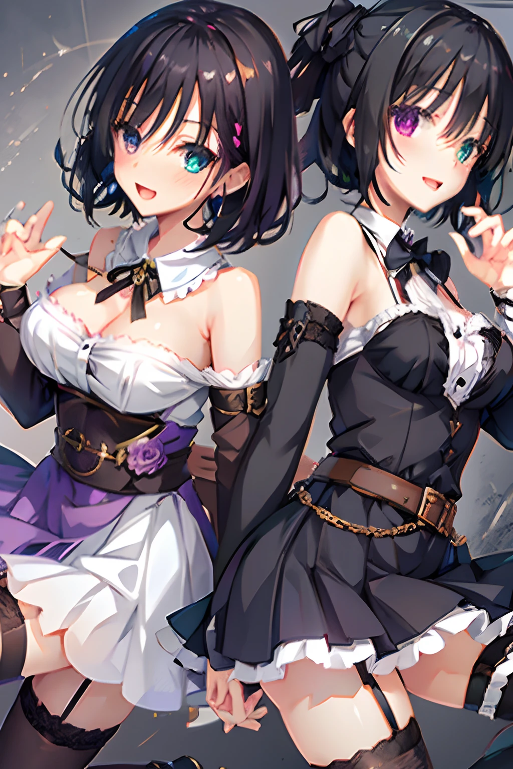 fantasy clothing,A dark-haired,Heterochromia,blushed face,Smile with open mouth,garter strap,Top image quality,Best Quality