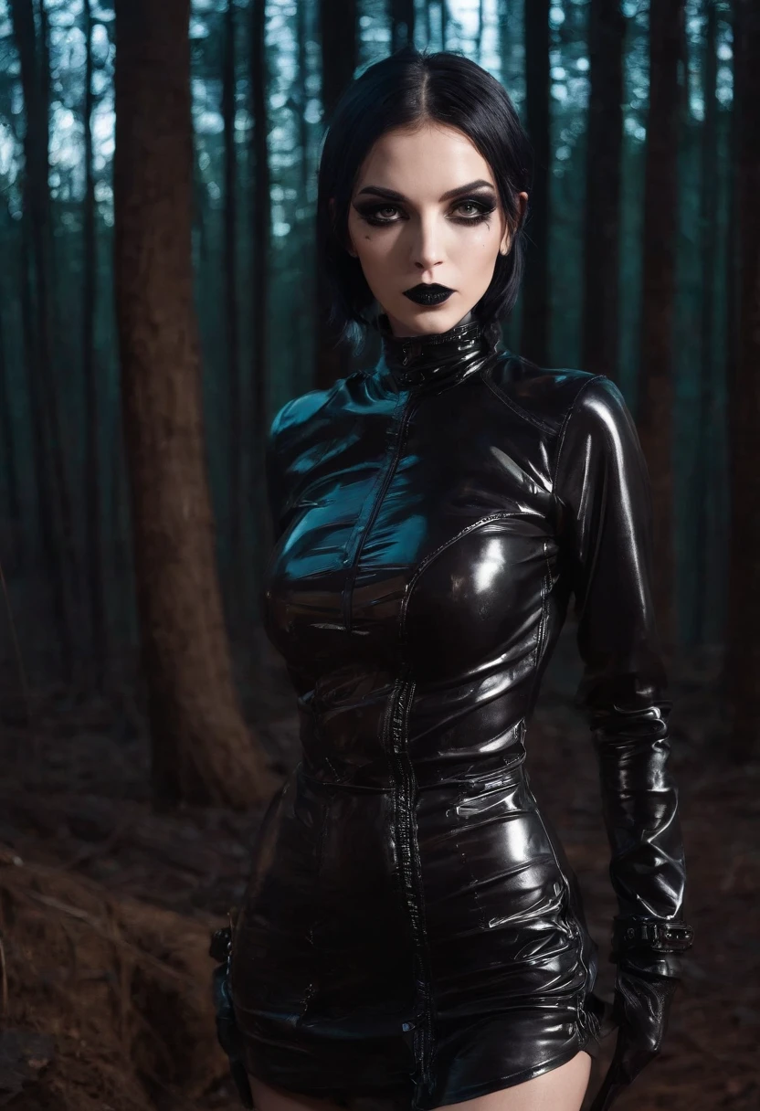 Woman dressed in latex posing for a photo in a forest at night, fetish fashion, goth make-up, darksynth aesthetic, horror fashion, bizarre fashion, ultra detailed, masterpiece.