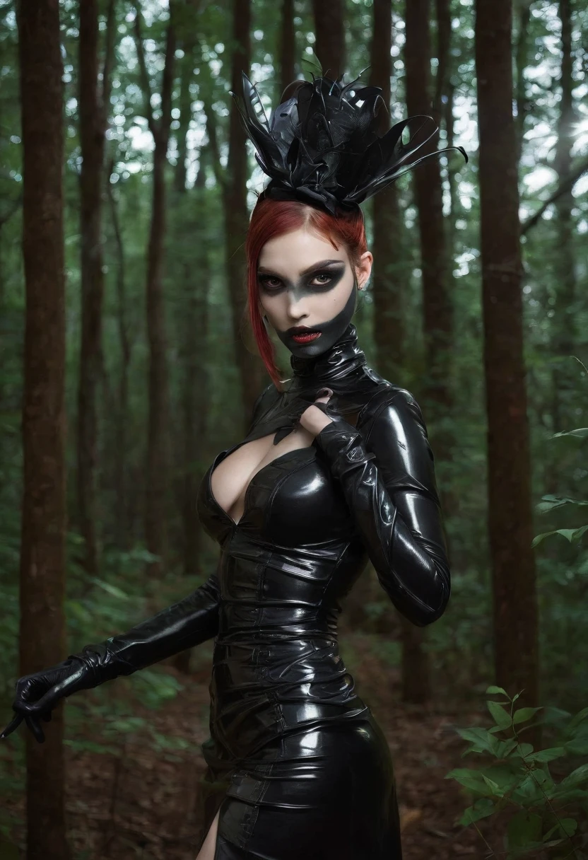 Woman dressed in latex posing for a photo in a forest at night, fetish fashion, goth make-up, darksynth aesthetic, horror fashion, bizarre fashion, ultra detailed, masterpiece.