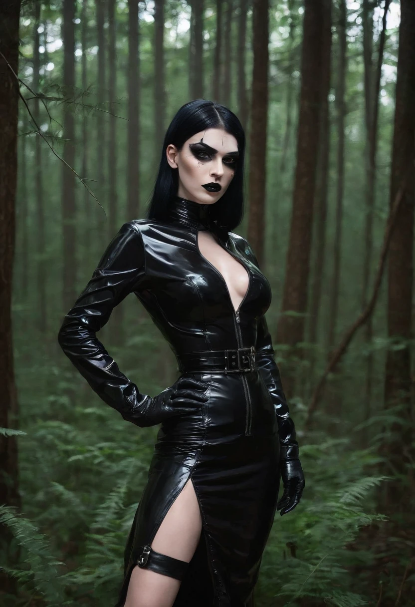 Gothic morticia, gothic make up, black hair, latex, garden, nigh, miniskirt 