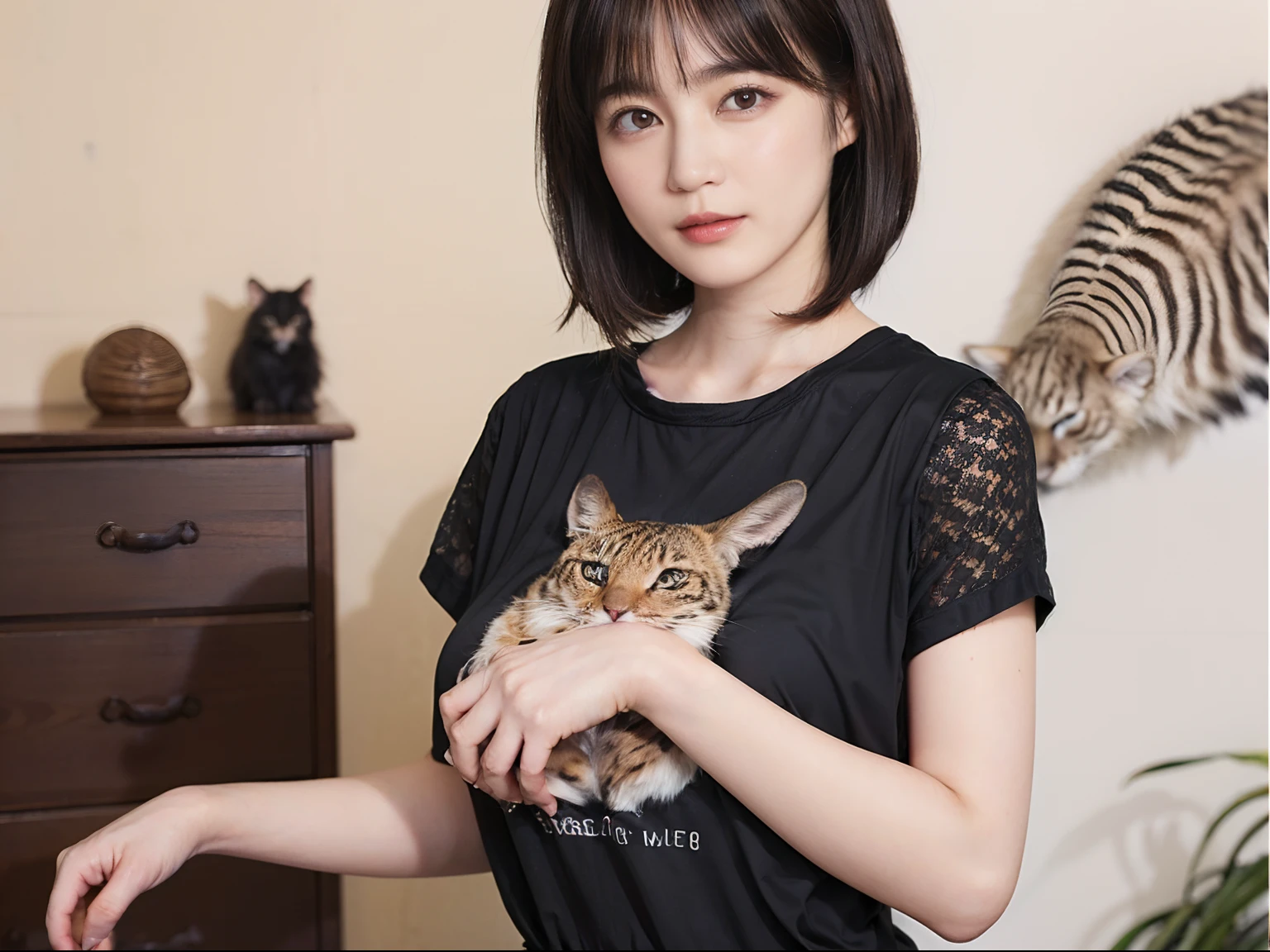 60
(a 20 yo woman,is standing), (A hyper-realistic), (masutepiece), ((A dark-haired、short-hair:1.3)), (Breast), Gentle expression, (Clothing printed with wild animal characters)
