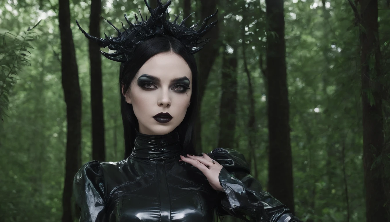 Woman dressed in latex posing for a photo in a dark forest, fetish fashion, goth make-up, darksynth aesthetic, horror fashion, bizarre fashion, ultra detailed, masterpiece.