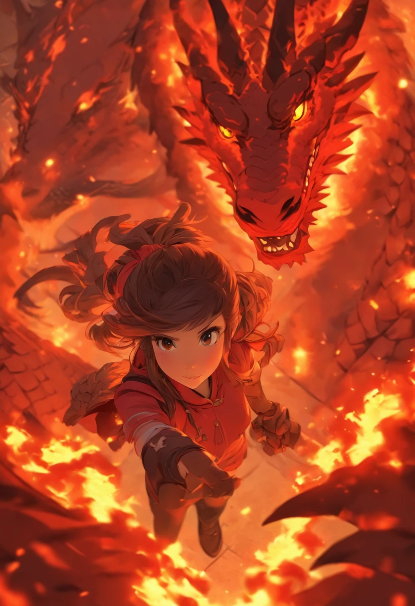 Bird eye view, Brown haired girl, Dragon horns with a red outfit and fire background. Dragon tail in best quality