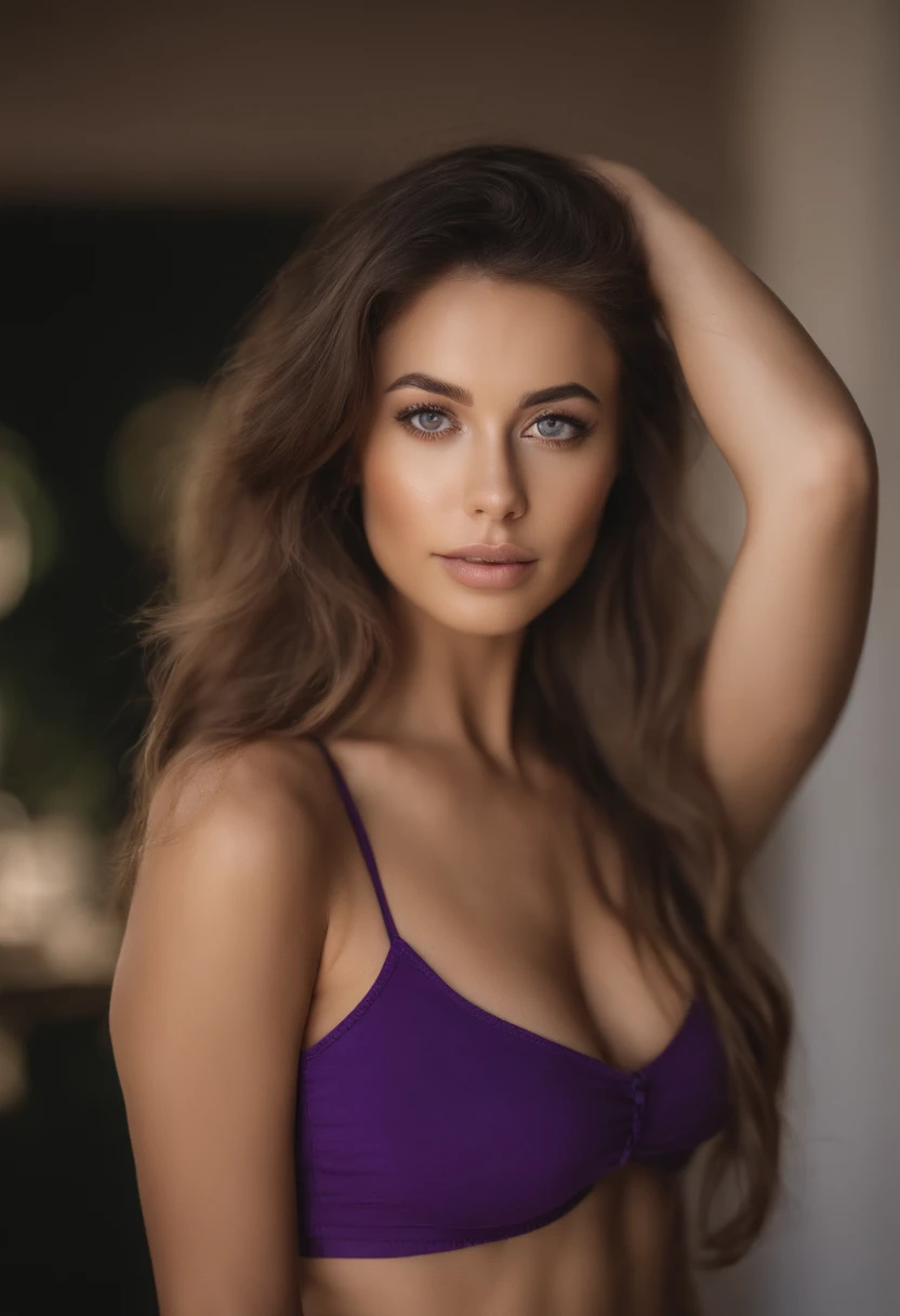 Arafed woman with matching tank top and panties, fille sexy aux yeux bruns, Portrait Sophie Mudd, cheveux bruns et grands yeux, selfie of a young woman, Yeux de chambre, Violet Myers, sans maquillage, maquillage naturel, looking straight at camera, Visage avec Artgram, Maquillage subtil, Stunning full-body, real photo, traits de visage naturel