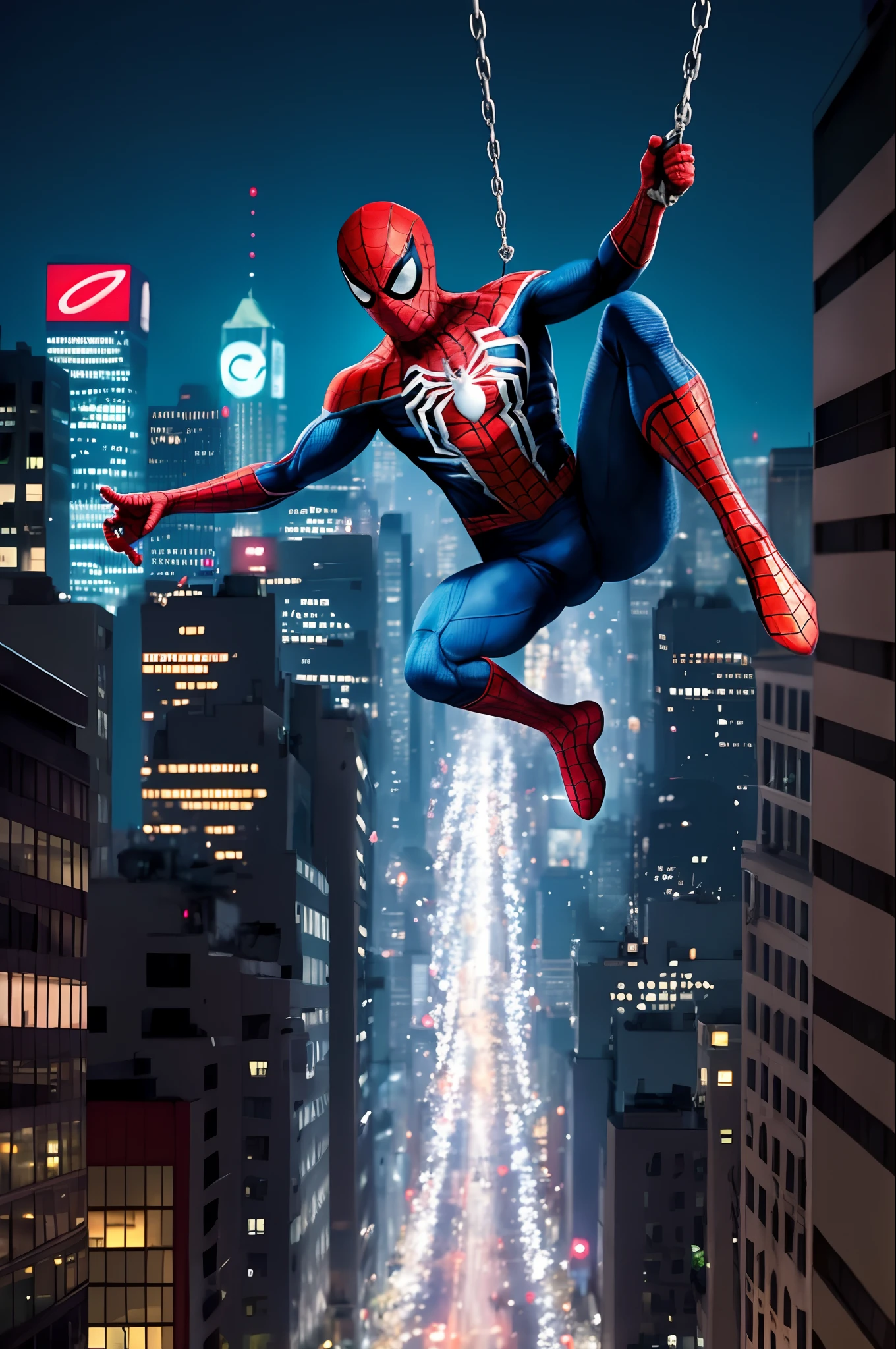 Generate a Spider-Man like figure swinging through a realistic downtown city late night with a cynic manic view similar to John Wick the movie