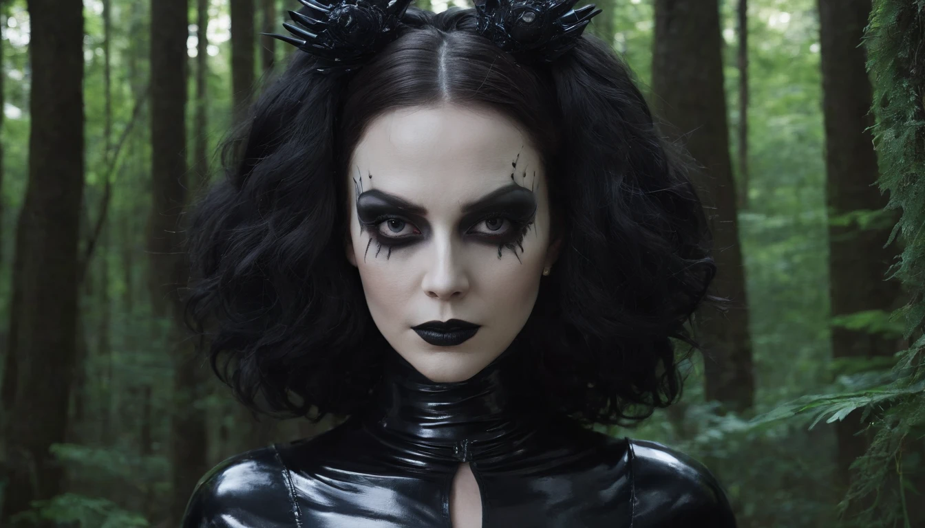 Woman dressed in latex posing for a photo in a dark forest, horror make-up, goth make-up, darksynth aesthetic, horror fashion, bizarre fashion, ultra detailed, masterpiece.