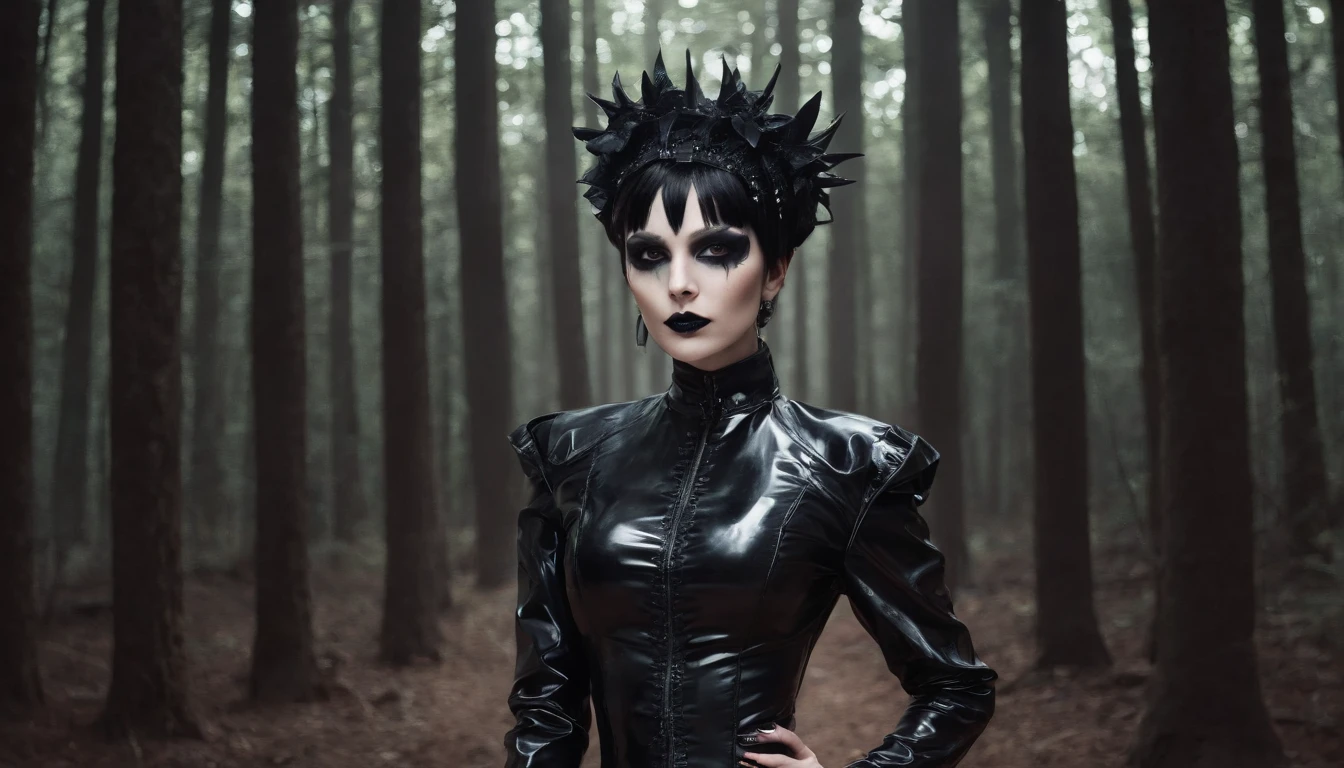 Woman dressed in latex posing for a photo in a dark forest, horror make-up, goth make-up, darksynth aesthetic, horror fashion, bizarre fashion, ultra detailed, masterpiece.