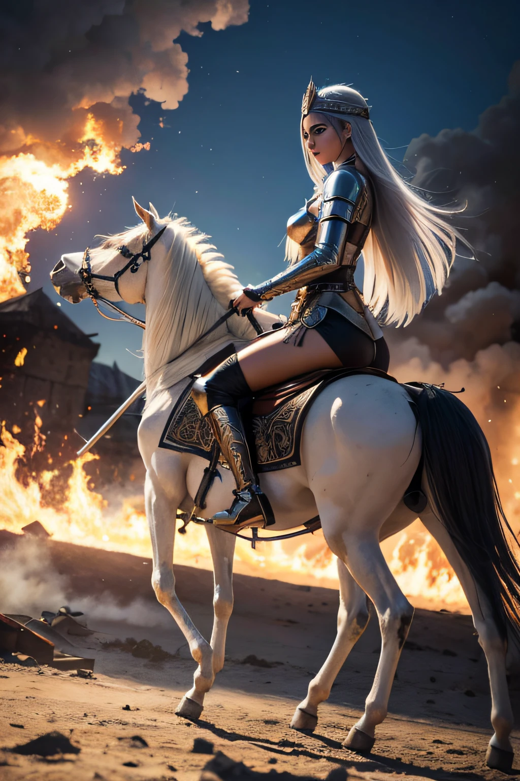 Mulher loira bonita montando um belo cavalo branco do apocalipse com fundo medieval com fogo e chamas imagem completa alta qualidade realista imagem completa sem fundo