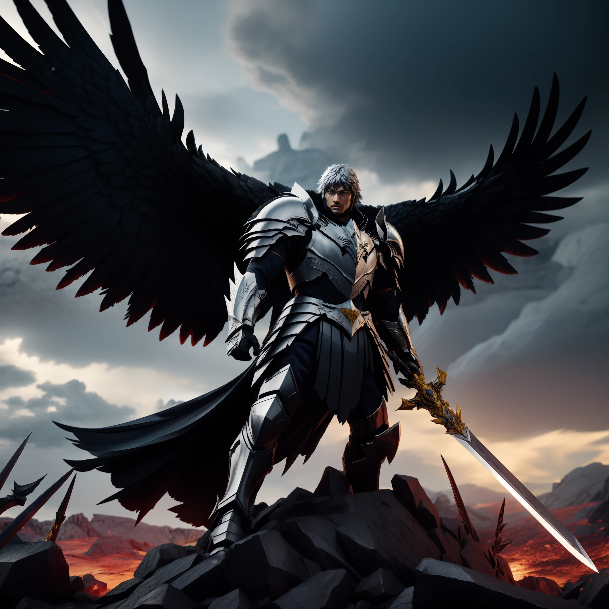 There's a male angel with a sword standing on a pile of rocks, arcanjo, anthropomorphic raven knight, Arqueiro alado, epic digital painting, black aarakocra eagle warlord, 2. 5 d cgi anime fantasia arte, epic fantasy digital art, 3 d render arte do caractere 8 k, Unreal Engine Arte de fantasia, Jogo CG, Armor angle with wing