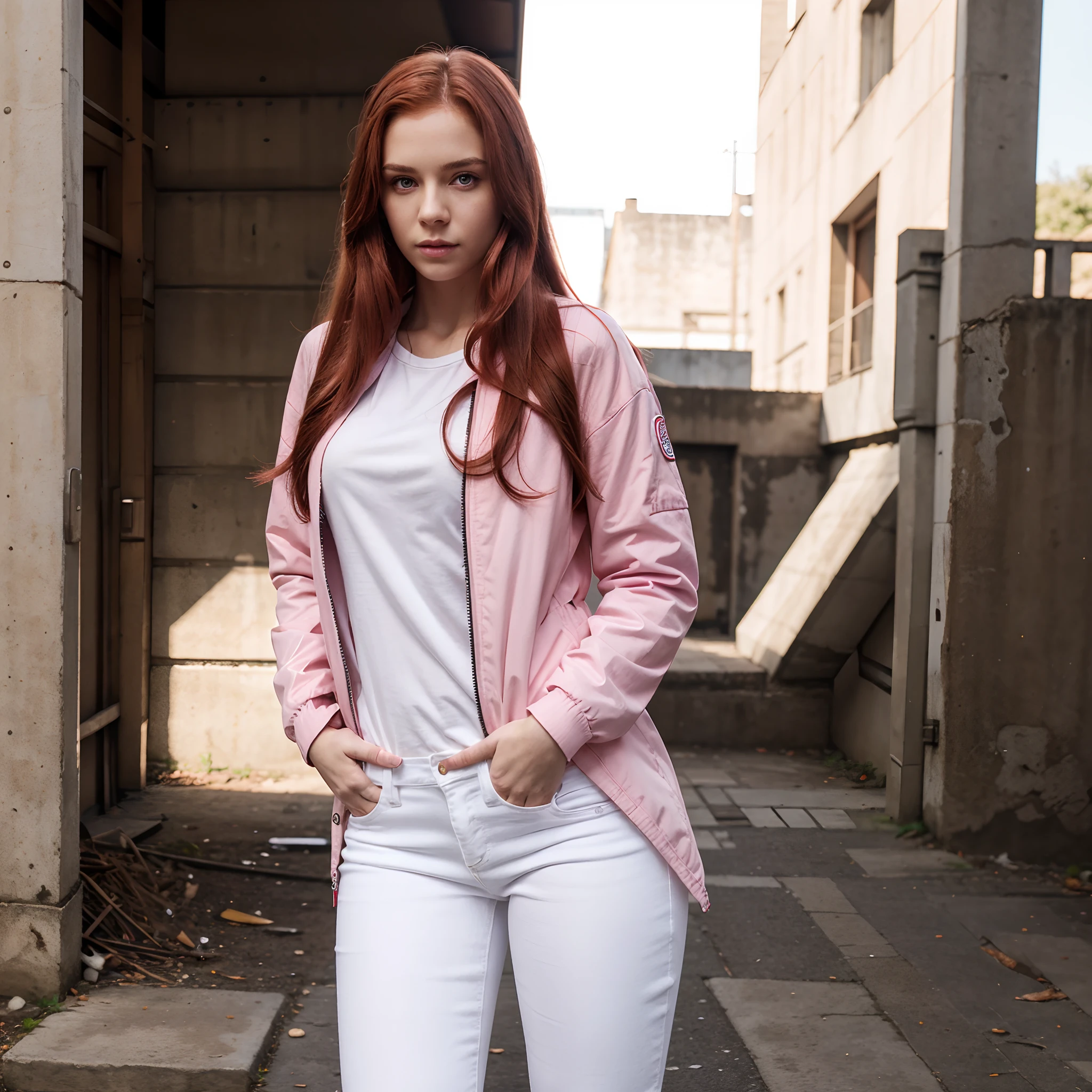 sexy girl, pink jacket,white full jeans,hands in pockets, long red hair,blue eye, 8k resolution, very detailed, anatomically correct, digital , clear picture,