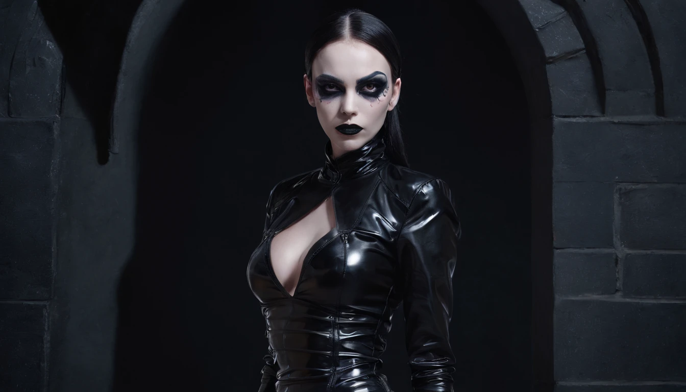 Woman dressed in latex posing for a photo in a dark city, horror make-up, goth make-up, darksynth aesthetic, horror fashion, bizarre fashion, ultra detailed, masterpiece.