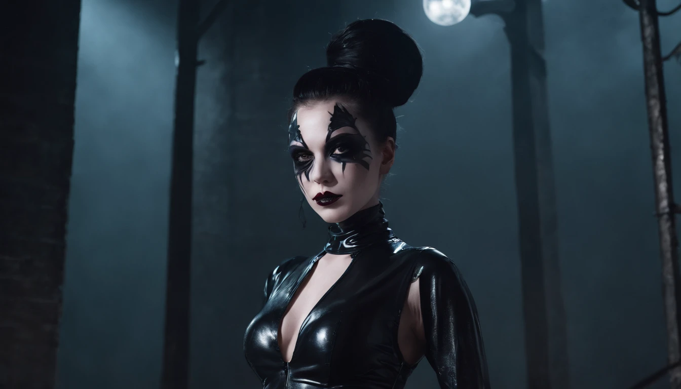 Woman dressed in latex posing for a photo in a dark city, horror make-up, goth make-up, darksynth aesthetic, horror fashion, bizarre fashion, ultra detailed, masterpiece.