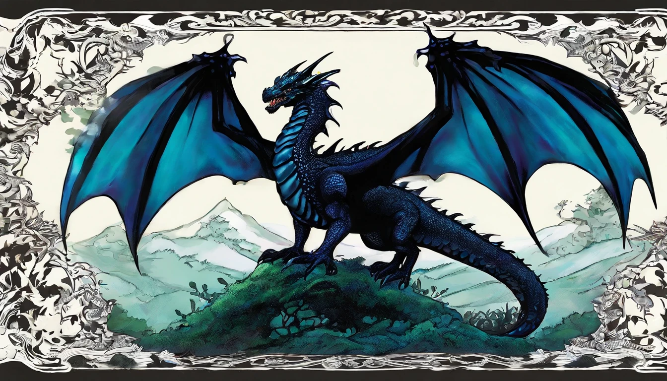Draw a black dragon with blue eyes. Don't forget the big, asas elegantes com membranas brancas e garras brancas afiadas, com a ponta da cauda pontuda e branca. Make sure the dragon scales are detailed and distinct, giving it an imposing appearance, whose form is that of a more or less defined dragon. In a magical forest setting with high, lush trees. Add details of moss and colorful flowers on the ground. Make sure the environment conveys a sense of mystery and magic.