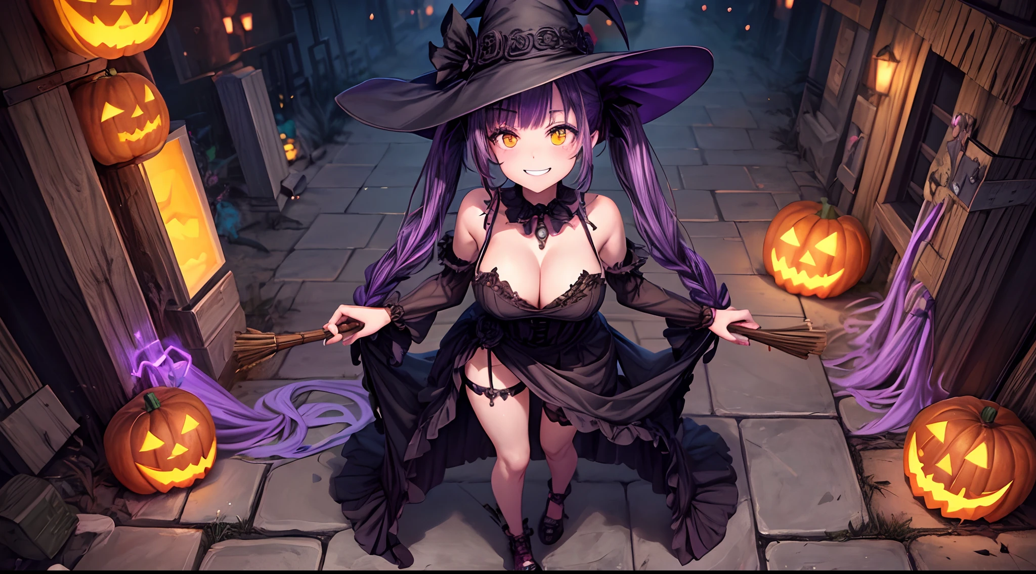 1girl, solo, ((full body)), halloween, spooky, manson, pumpkins, graveyard, zombie, black witch hat, broom, long hair, purple hair, twintail, large breasts, cleavage, black dress, yellow eyes, smile, looking at the viewer, standing