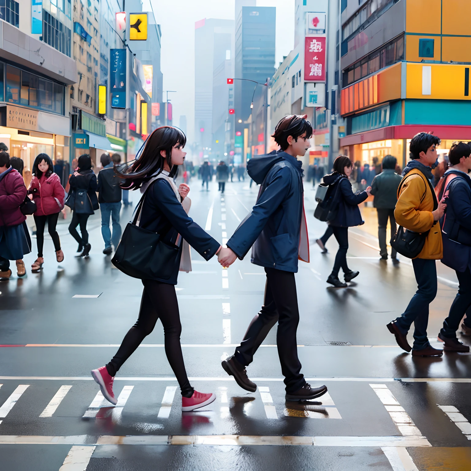 Men and women walk in opposite directions and look at each other,Crowd background: People walk across pedestrian crossings on busy city streets, street of hong kong, travelers walking the streets, Busy streets, people walking on the street, busy streets filled with people, busy street, People walking around, crossing road, people in street, people walking, Crowded streets