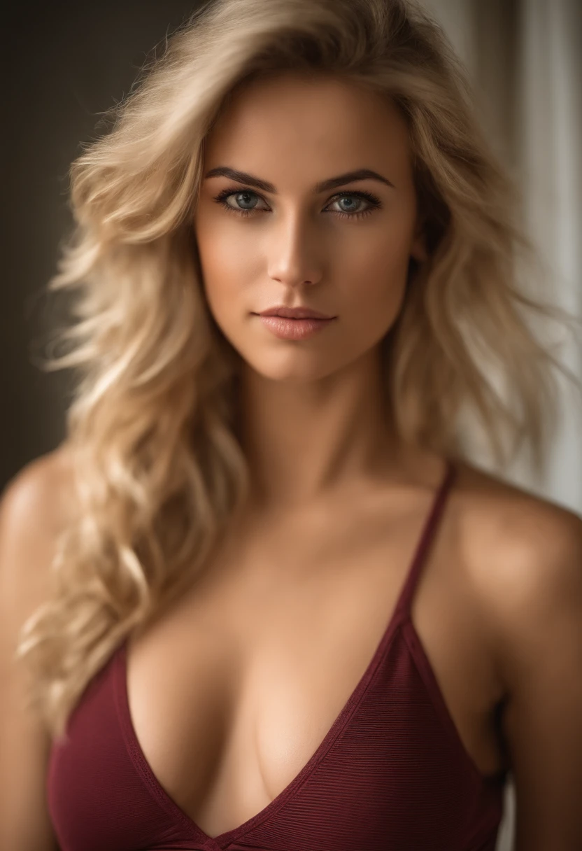 Oman with matching tank top and panties, fille sexy aux yeux bleus, Realistic woman , Portrait de Corinna Kopf, cheveux blonds et grands yeux, selfie of a young woman, ohne Maquillage, maquillage naturel, Look directly into the camera, Visage avec Artgram, dezentes Maquillage, Grande photo du corps entier, dans la chambre, gros seins, Blond, Realstic