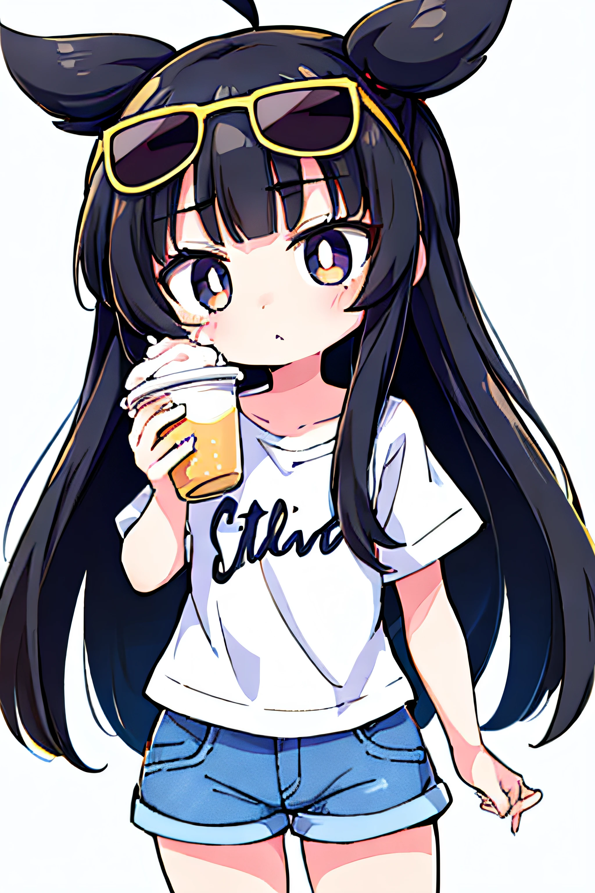 1girl, li, chibi, simple background, white background, full body, denim shorts, white tshirt, sunglasses in head, holding a cup of milkshake, black hair, straight hair, swept bangs, (((anime
girl)))
(((style)))
(((art style))), simple background, cowboy shot,