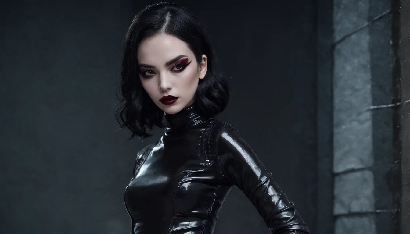 Woman dressed in latex posing for a photo in a dark city, black make-up, black hair, underworld aesthetic.
