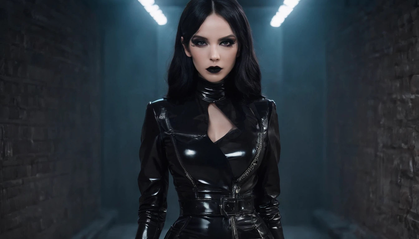 a beautiful woman, a mean girl, detailed face, piercing eyes, pursed lips, arched eyebrows, long dark hair, pale skin, bold makeup, tight high-fashion dress, confrontational pose, dramatic lighting, cinematic angle, moody colors, high contrast, photorealistic, 8k, (best quality,4k,8k,highres,masterpiece:1.2),ultra-detailed,(realistic,photorealistic,photo-realistic:1.37)